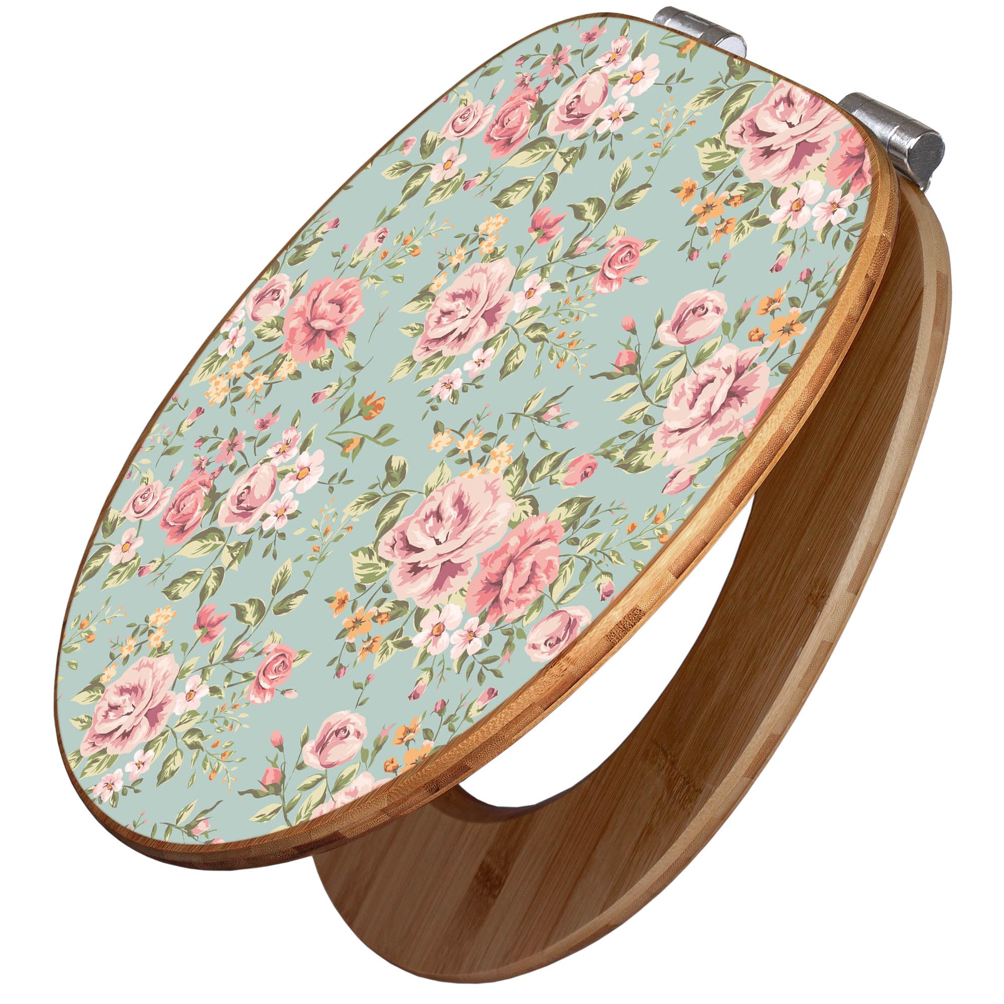 banjado Design WC Sitz Bambus Absenkautomatik 45,8x37,5cm - Toilettendeckel mit Absenkautomatik Holz - hochwertiger Bambus Klodeckel - WC-Sitz für gängigen Toiletten - Motiv Altrosa Blume