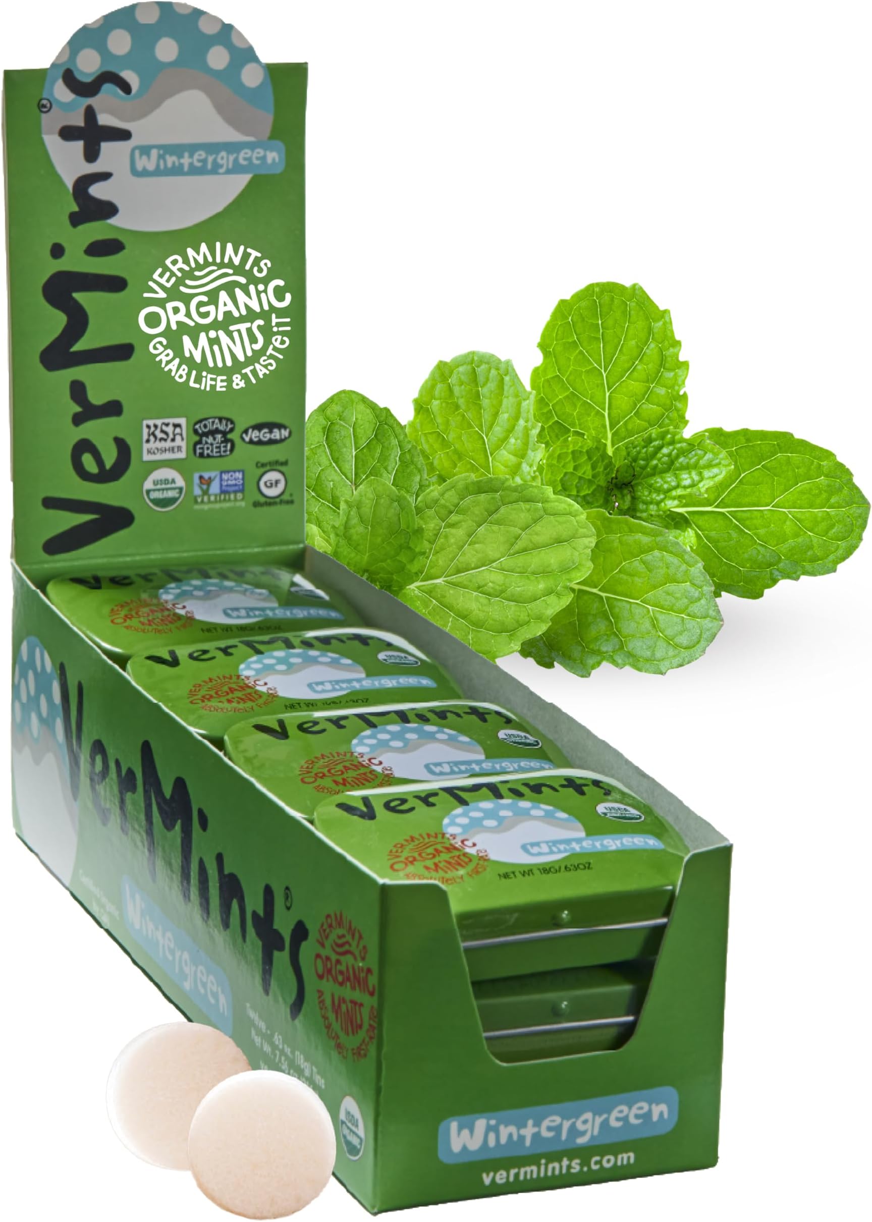 - Organic Breath Mints Wintergreen - Real Long-Lasting Refreshment, Travel Size Tin - Non-GMO, Vegan, Nut Free, Gluten Free & Kosher Organic Candy Mints- .63oz/18g Tins (Pack of 12)