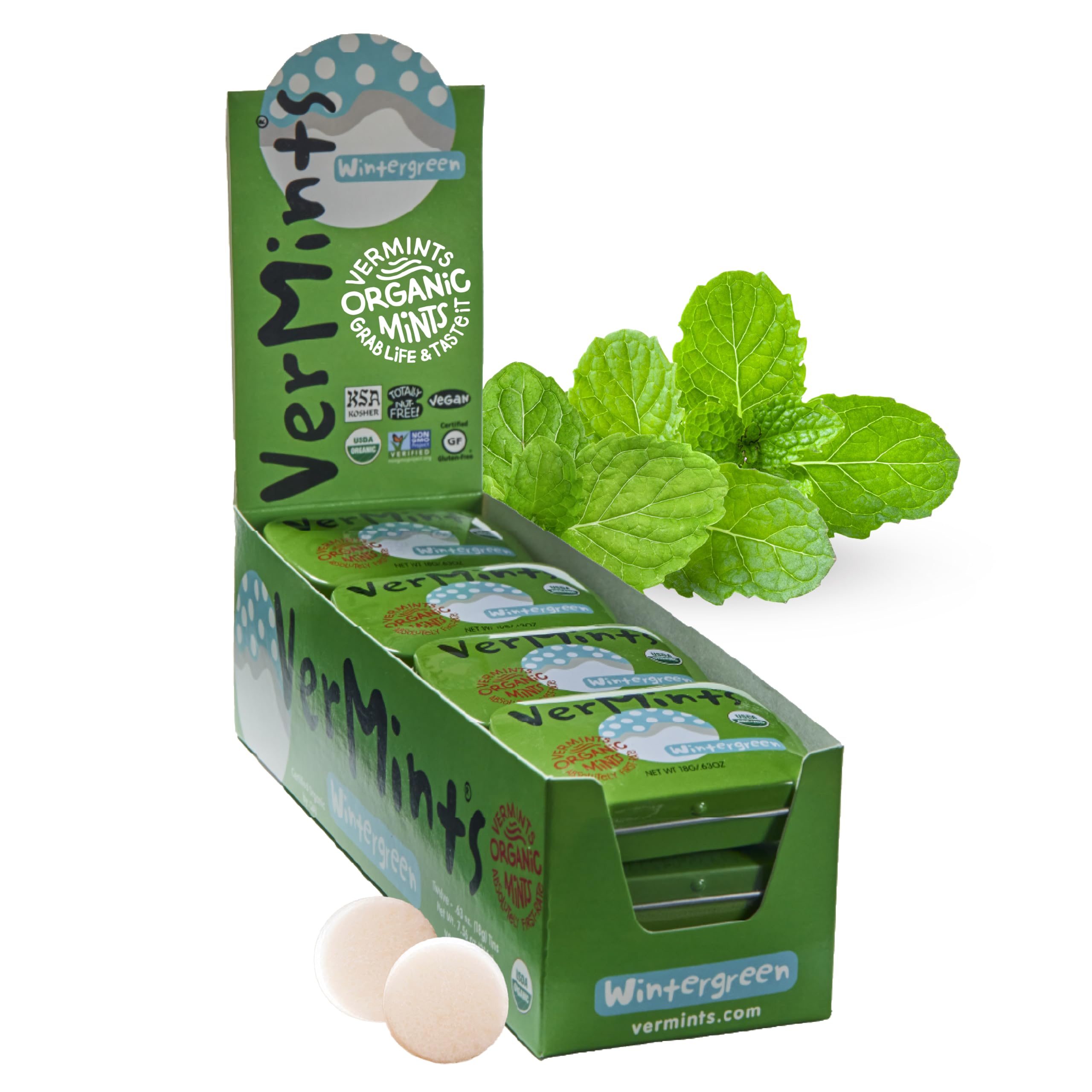 VerMints Organic Breath Mints Wintergreen - Real Long-Lasting Refreshment, Travel Size Tin - Non-GMO, Vegan, Nut Free, Gluten Free & Kosher Organic Candy Mints- .63oz/18g Tins (Pack of 12)