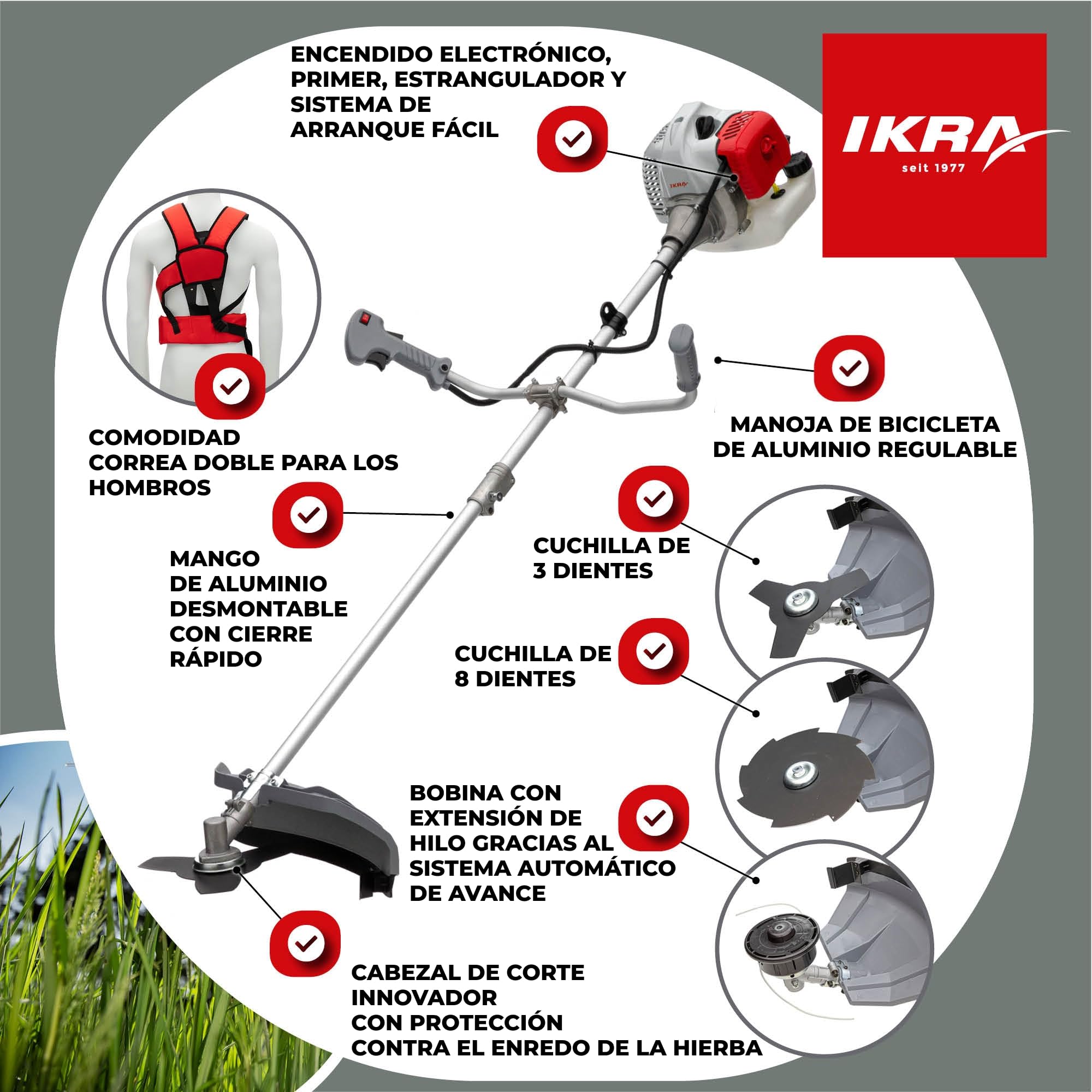 IKRA desbrozadora de Gasolina IBF 4342 con útiles Accesorios | Incluye cuchillas de 3 y 8 dientes, 2 bobinas y correa para el hombro, potente motor de 2 tiempos, 42,7 cm³, 1,25 kW