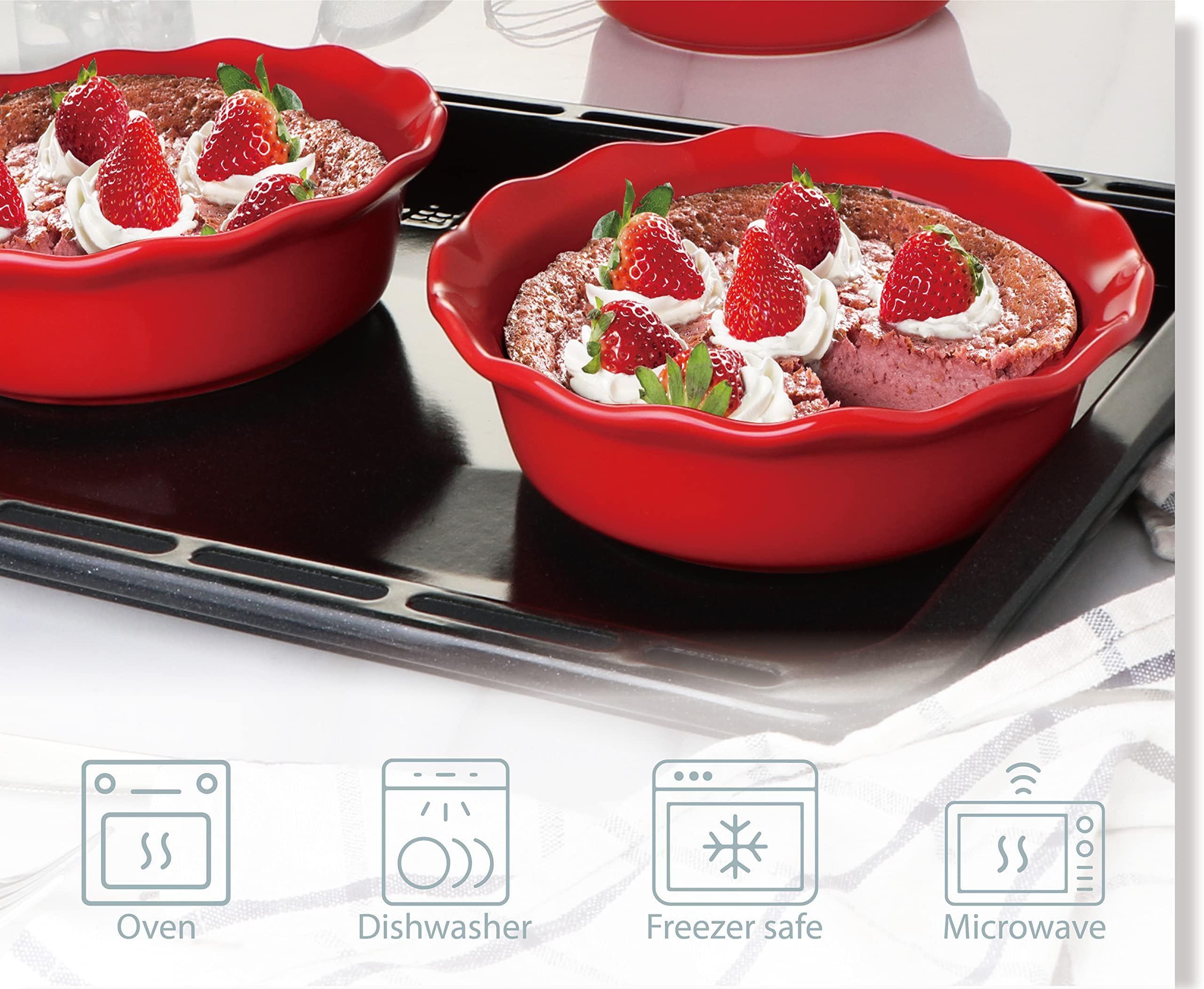 ONEMORE Mini bandeja de cerámica para hornear, 16 onzas estilo clásico placa de pastel conjunto de 4 (rojo cerezo)