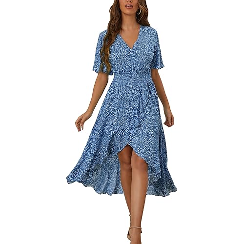 Kormei Womens Short Sleeve Floral High Low V-Neck Flowy Party Long Maxi Dress