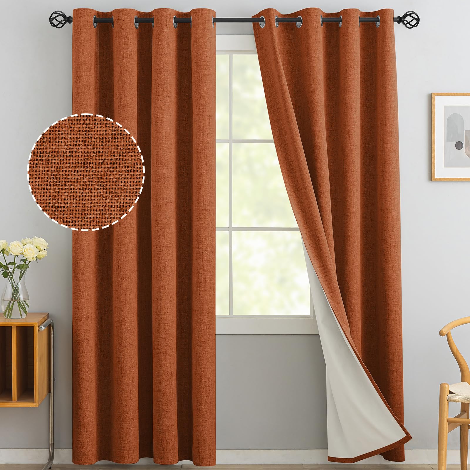 Yakamok Burnt Orange Linen Curtains 100% Blackout 96 Inches Long, Room Darkening Textured Darpes for Living Room Thermal Grommet Bedroom Panels with White Liner（52x96 inch, 2 Panels）