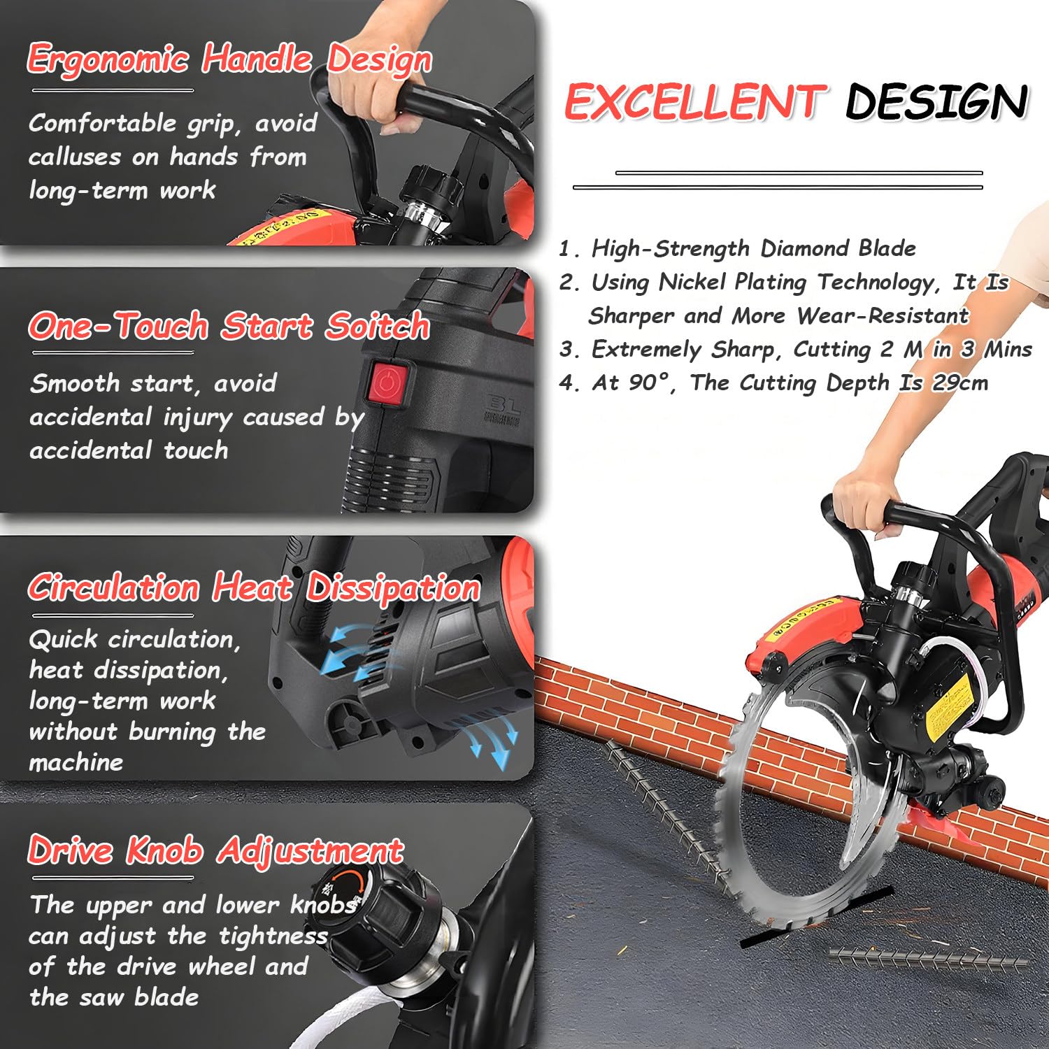 Sierra Para Hormigón 8900/9500 W, Sierra Para Cortar Hormigón, Con Hoja De Diamante De 41 Cm, 3000 Rpm, Profundidad De Corte De 30 Cm, Apta Para Ladrillo, Granito, Mármol Y Hormigón 8980W