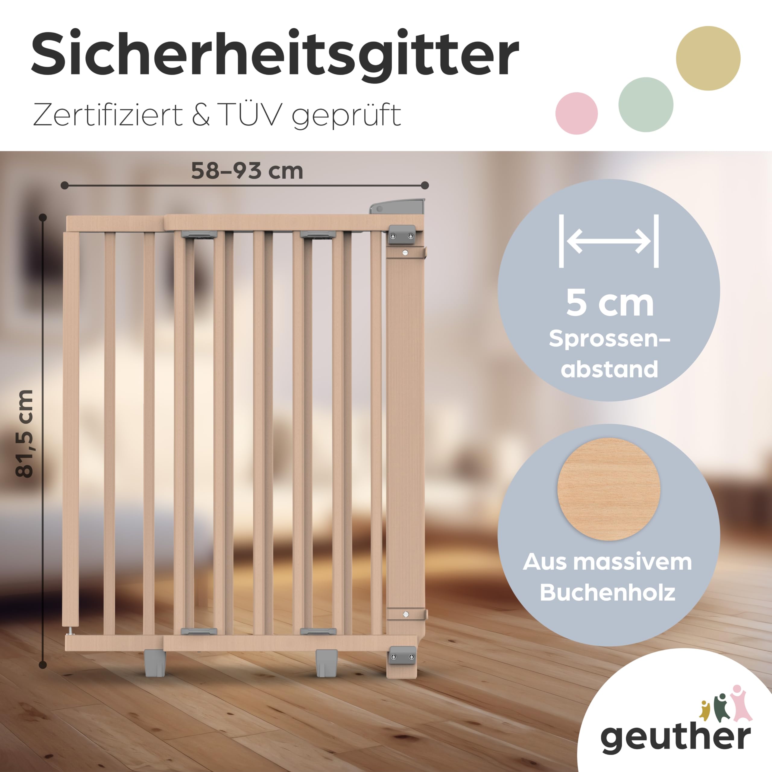 Geuther Türschutzgitter Oris | Treppenschutzgitter zum Anschrauben, Breite 58-93 cm | Stabiles Babygitter & Türgitter mit Schwenktür, sicherheitsgeprüft | Kindergitter Holz, Natur lackiert
