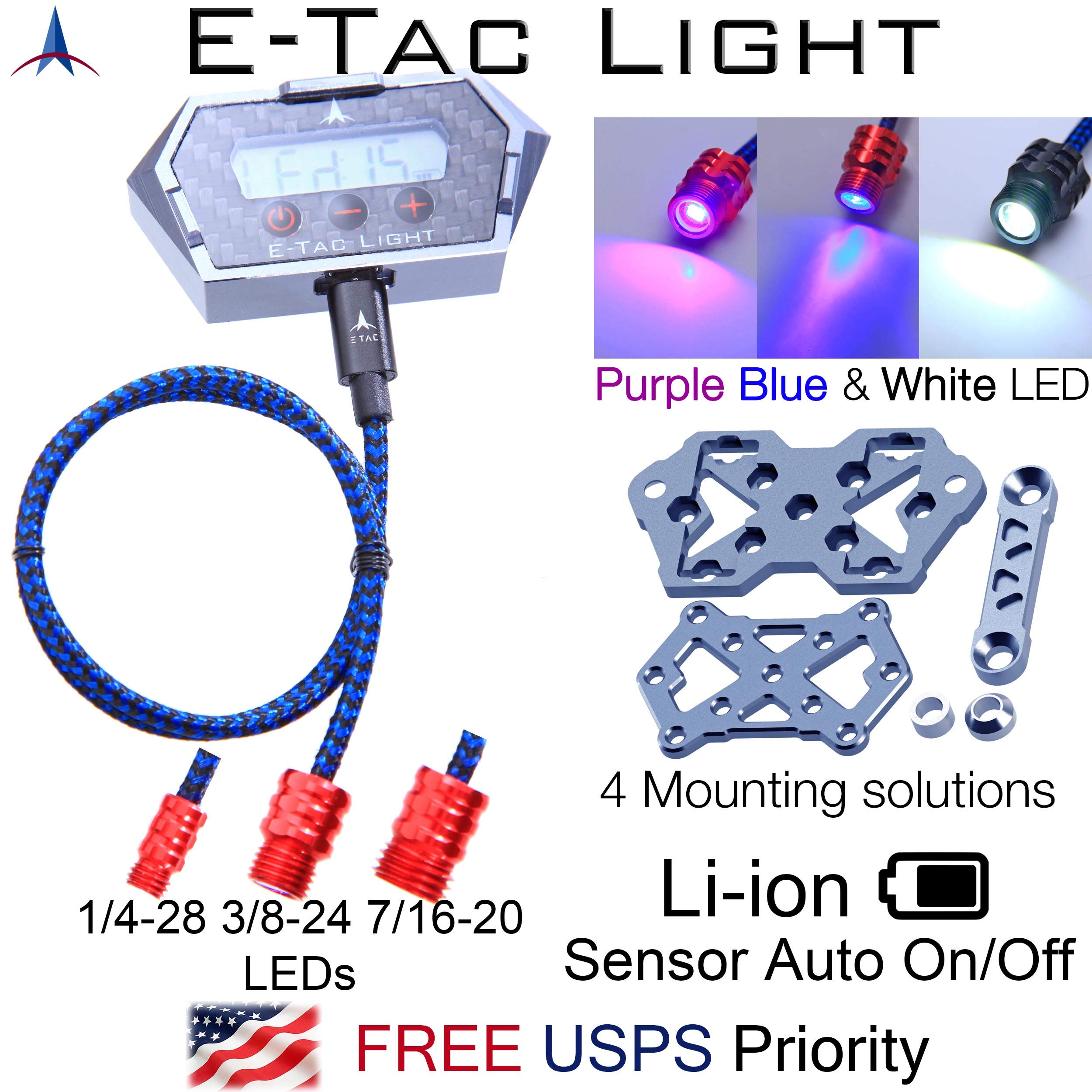 E-Tac Light Compound Bow Sight Light 1/4-28 & Rare Threads Rechargeable Li-ion Battery Sensor Auto On/Off Does NOT Come with All Adapters Which are Bad for You