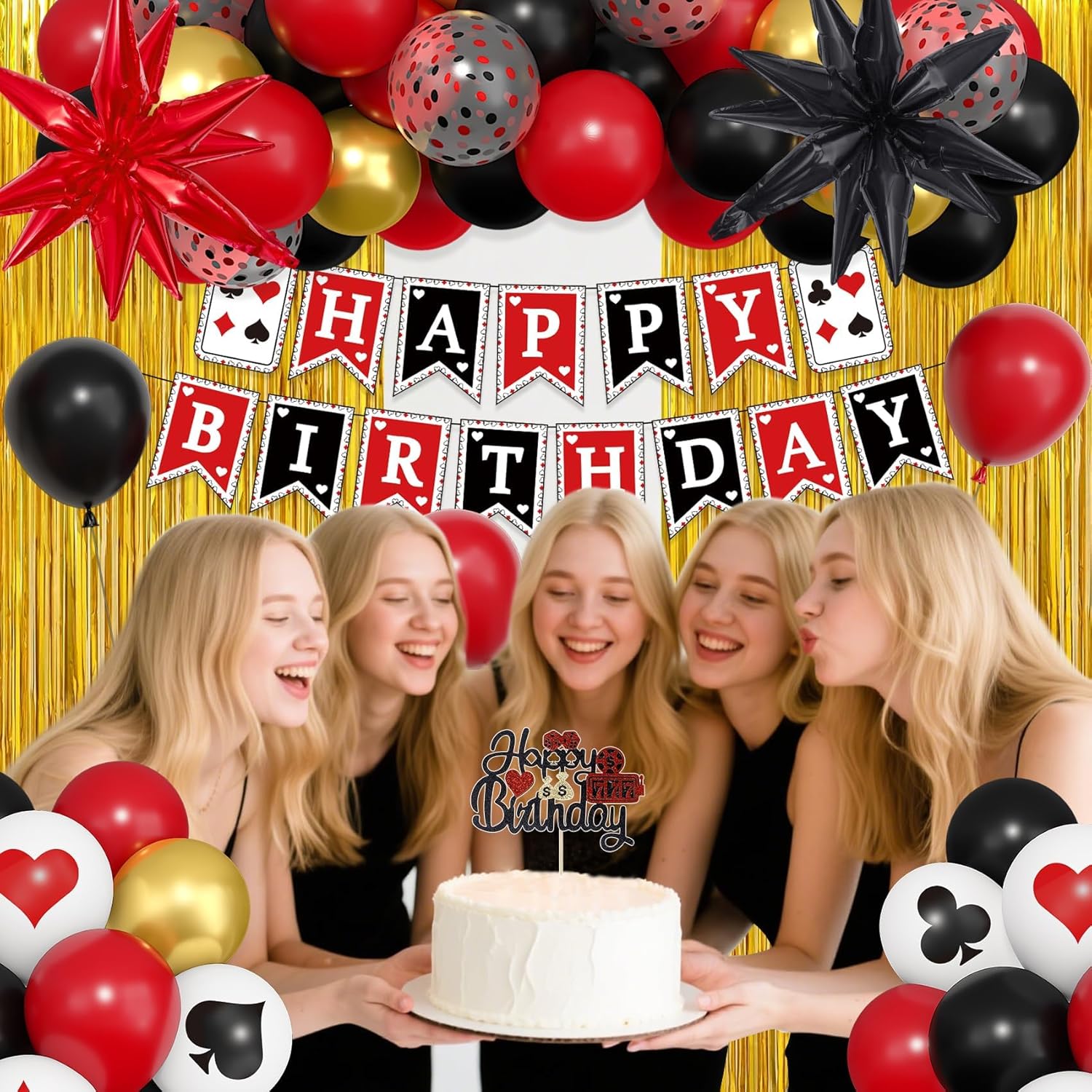 Ouddy Life 103Pcs Casino Theme Party Decorations, Red and Black Happy Birthday Banner Star Heart Poker Foil Balloons Fringe Curtain Paper Tassel Cake Topper for Las Vegas Game Night Party Decorations - Image 3