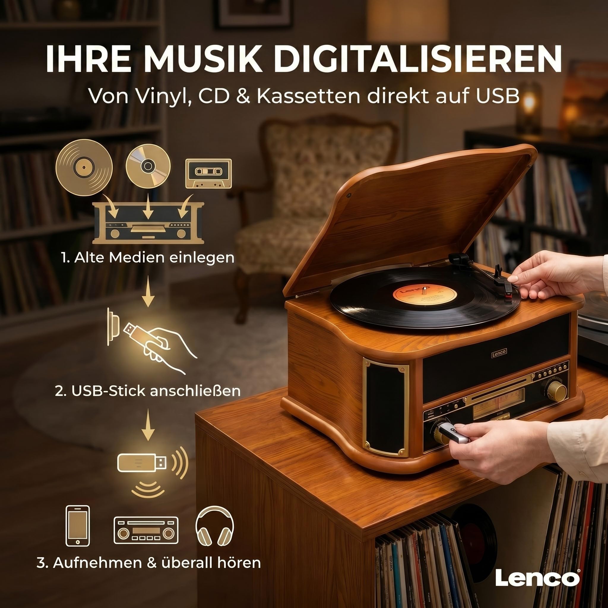 Lenco TCD-2571WD - Plattenspieler mit Lautsprecher & Bluetooth | TCD-2571 - Schallplattenspieler - Vinyl Player - 3 Gang (33/45/78 RPM) - CD-Spieler