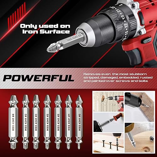 Miniatura 5 de Juego de 7 extractores de tornillos para tornillos de hierro, removedor de tornillos y pernos, herramienta de broca de acero de alta velocidad para