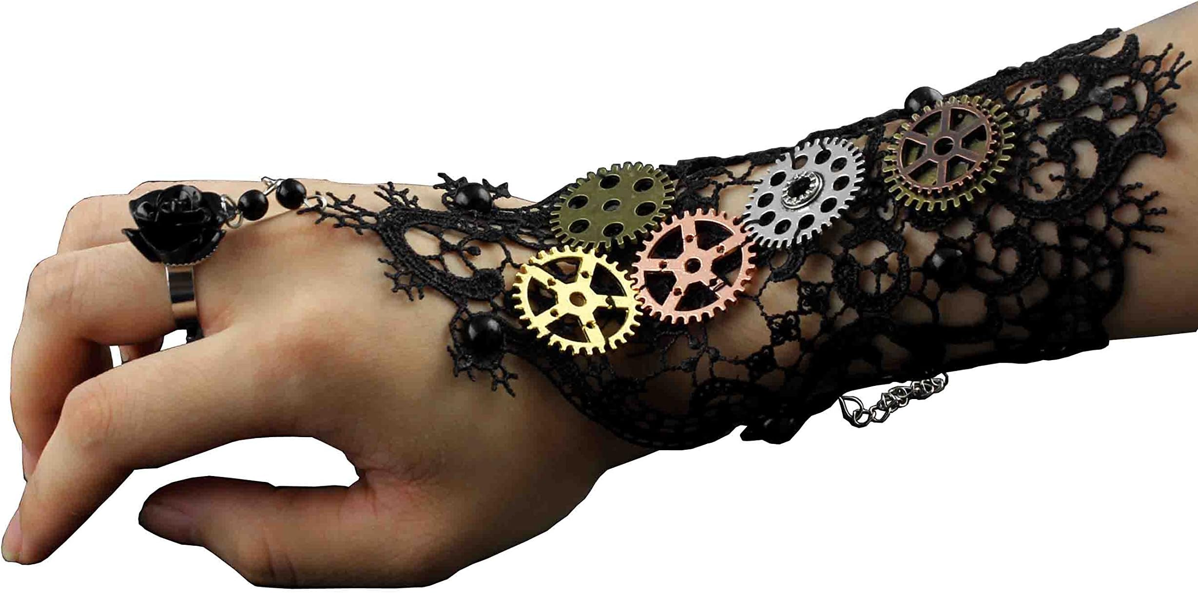 ThreecattlesWomens Girls Steampunk Gears Lace Cuff Fingerless Gloves Black
