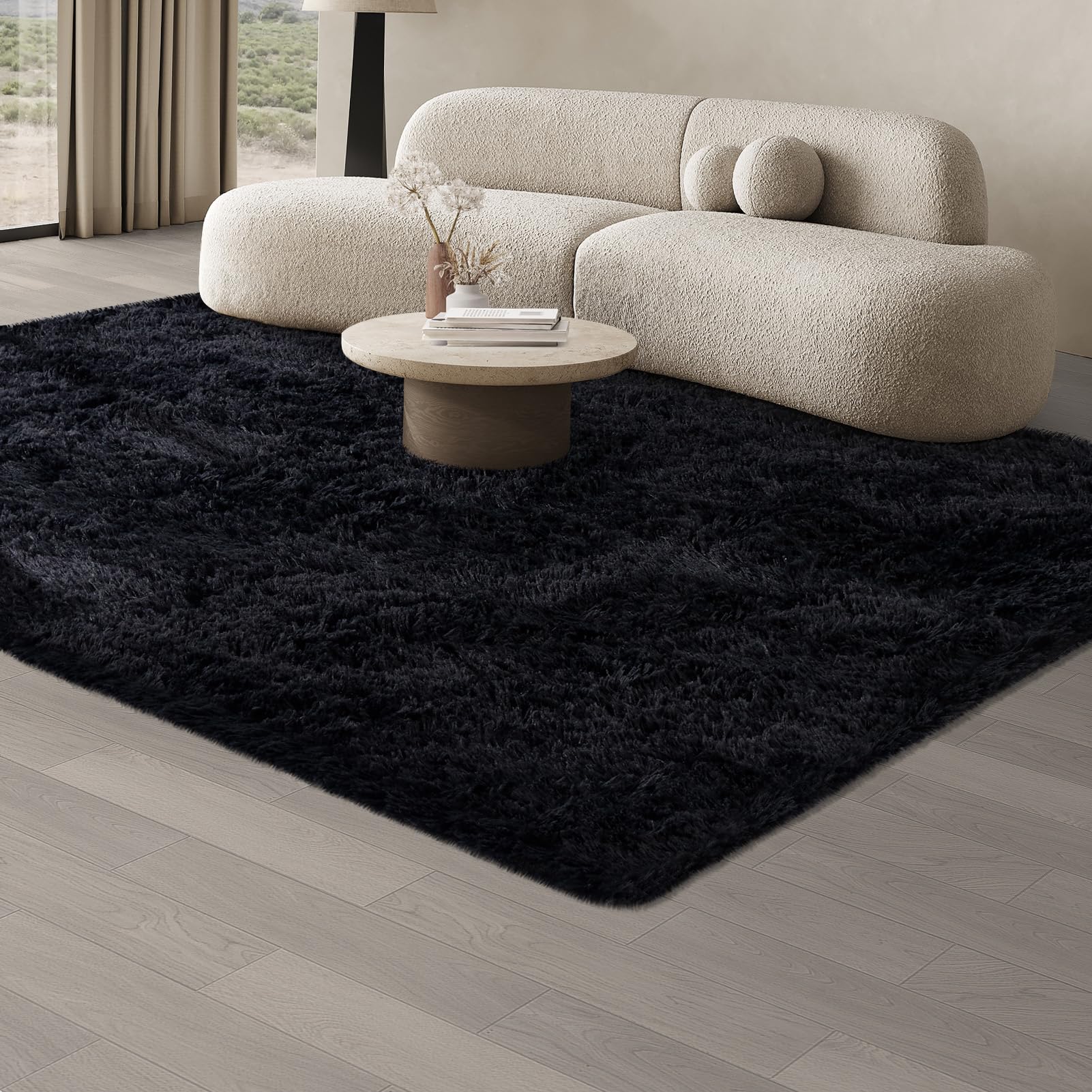 JOJOSEE Hochflor Teppich Wohnzimmer, 160 x 230 cm Anti-Rutsch Wohnzimmerteppich, Waschbarer Flauschiger Teppich für Schlafzimmer & Kinderzimmer, Schwarz