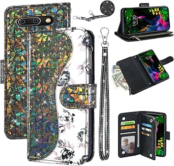 for LG G8 ThinQ Phone Case Floral Zipper Kickstand Crocodile Men Black