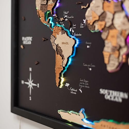 Miniatura 7 de ENJOY THE WOOD Mapa del mundo de madera a bordo con retroiluminación LED 2.0 - Mapas del mundo hechos a mano para pared con marco - Mapa de viaje