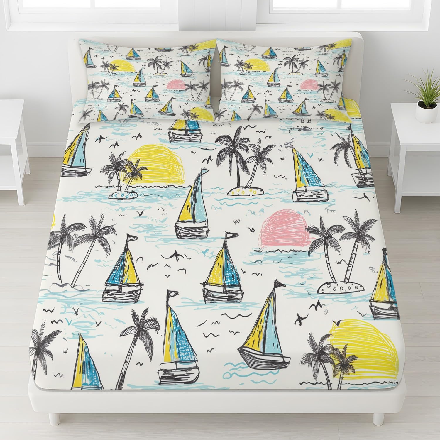 Playful Seaside Sábana bajera ajustable de verano, velero, palmera, pájaro, 30 cm de profundidad, microfibra, transpirable, para cama de matrimonio pequeño para niños y adolescentes, decoración de