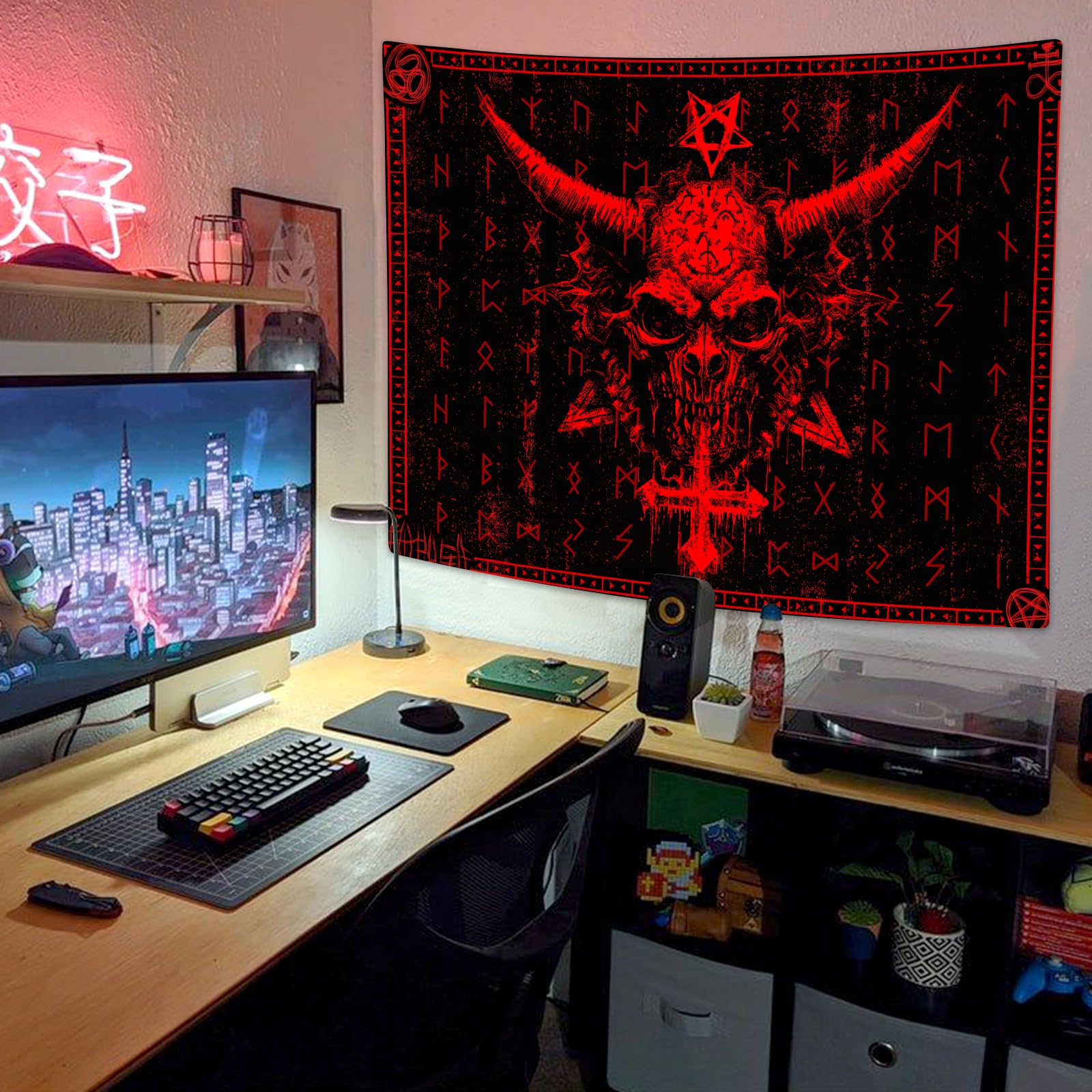 Ptrxobj Arazzo a testa di capra, pentagramma, gotico, diavolo, demone, baphomet, simbolo satanico, arazzo misterioso hippie, piccolo da appendere alla parete, per soggiorno, 152,4 x 101,6 cm