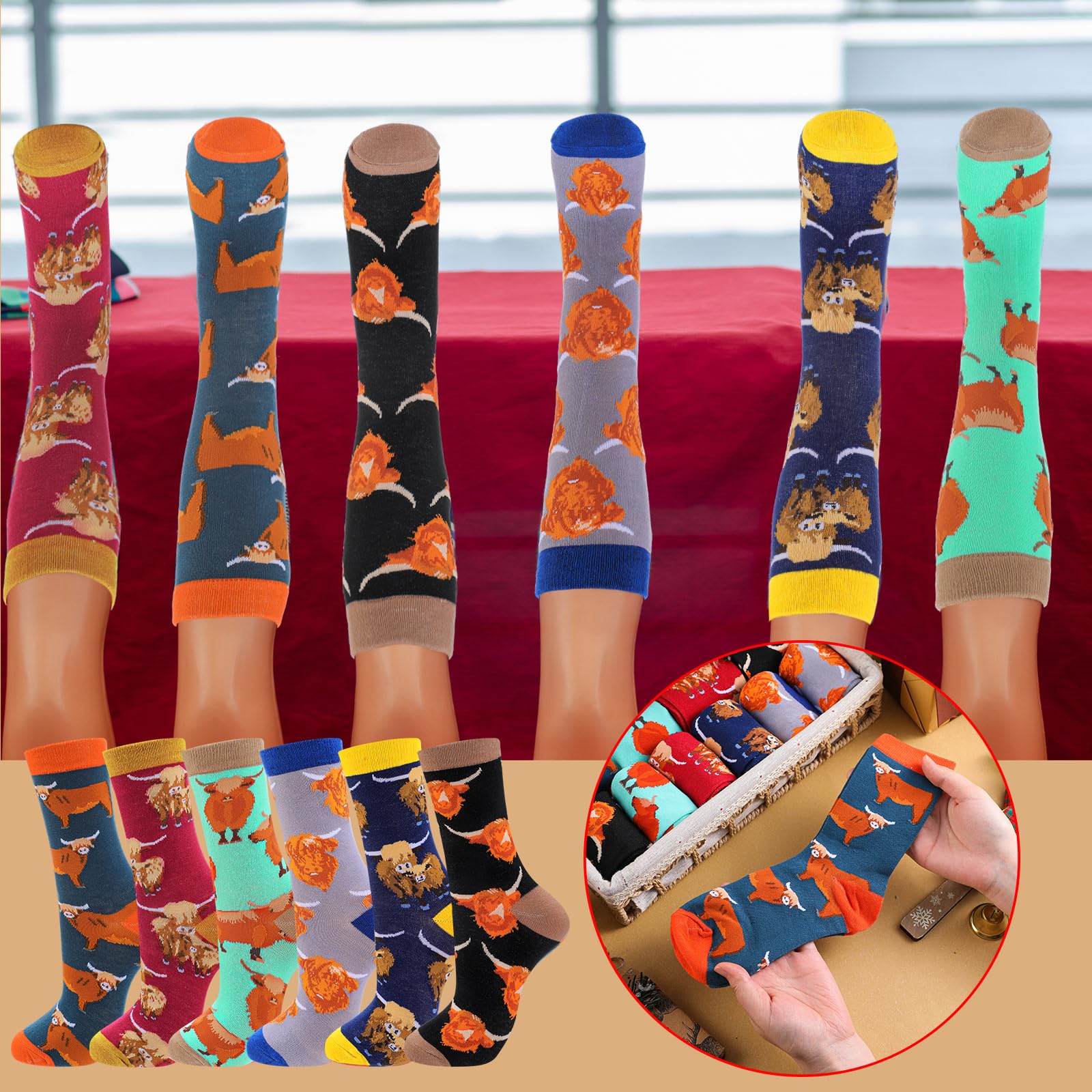 HooLing 12 pares de calcetines de vaca de las tierras altas, regalos de Navidad, coloridos y divertidos, calcetines de algodón para vacaciones, calcetines de vaca de las tierras altas para mujeres y