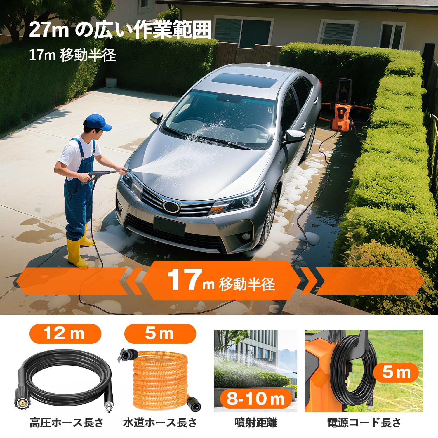 Amazon | Amison 高圧洗浄機 3種類のノズル付き 27mの作業範囲 最大