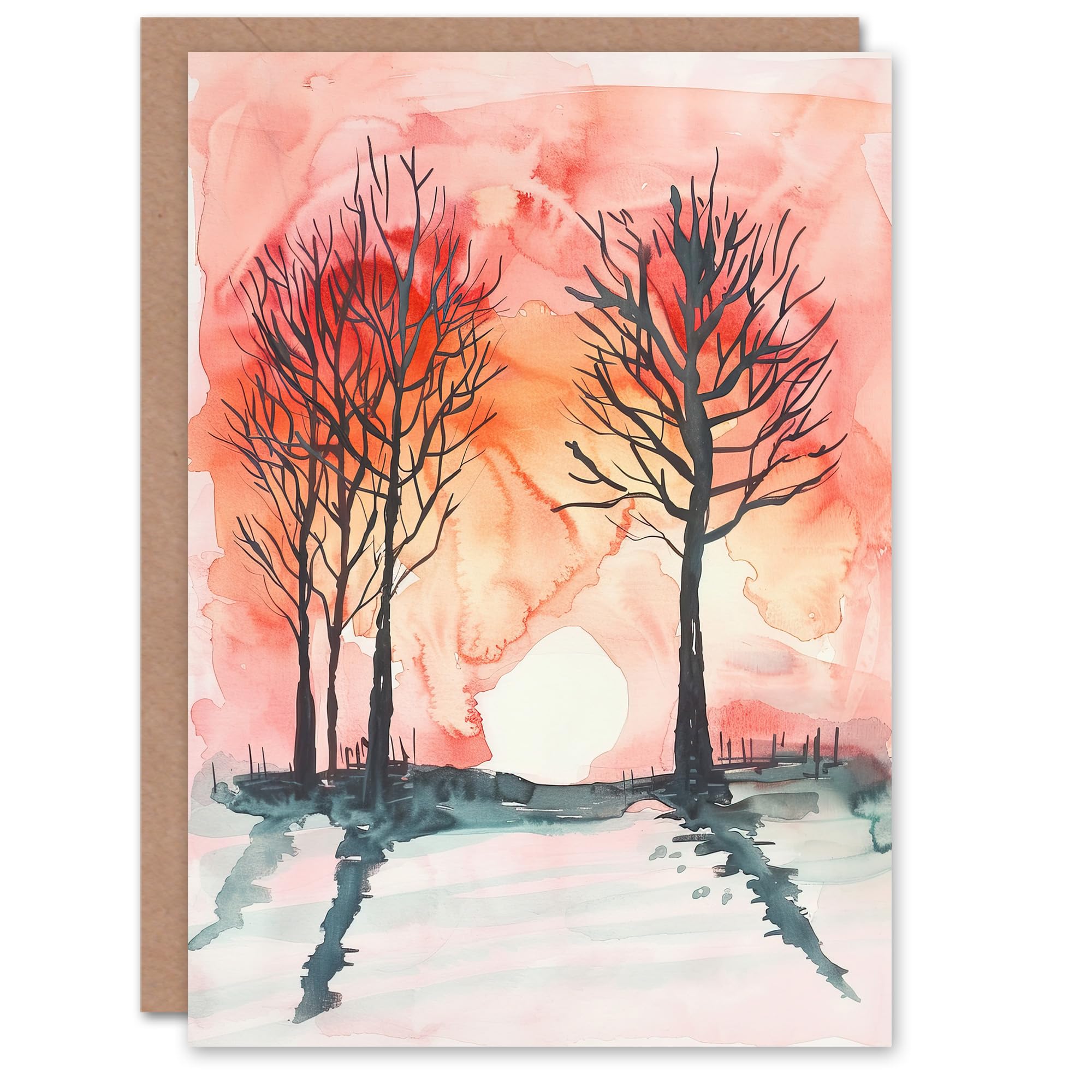 Artery8 Greeting Card Two Trees at Sunset Winter Countryside Landscape Pink