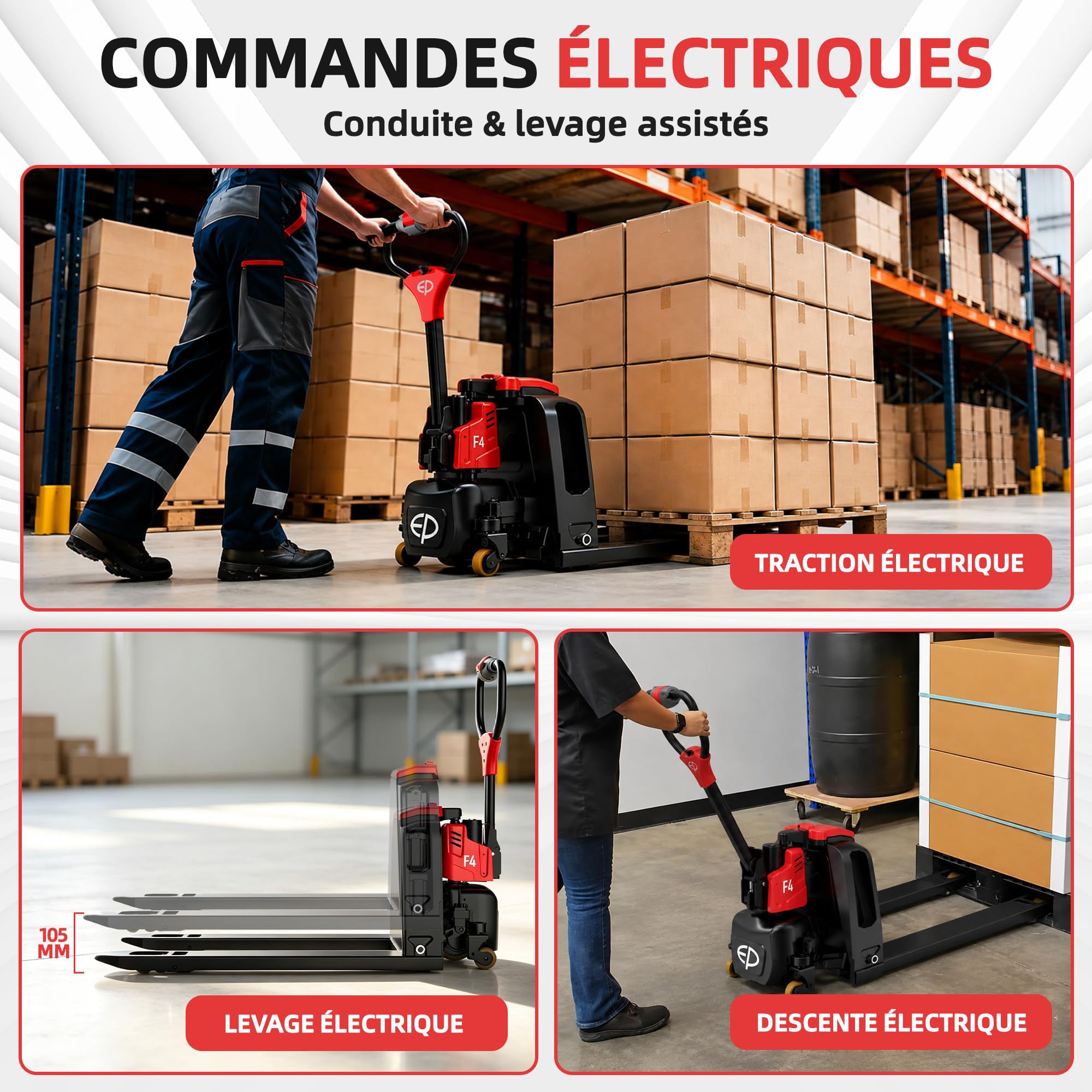 F4W20R Transpalette électrique 1 500 kg, Roues stabilisatrices