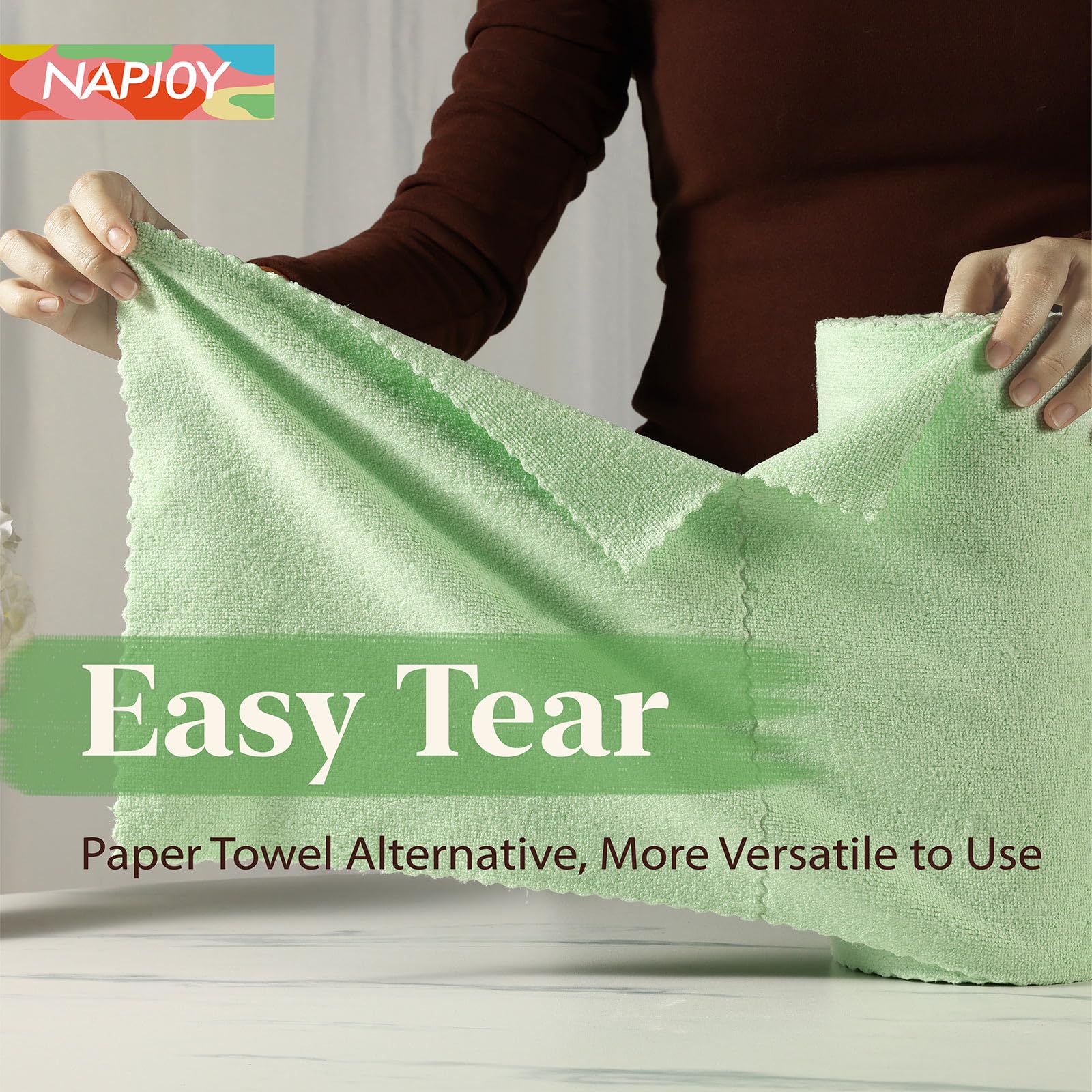 Napjoy Rollo de paño de limpieza de microfibra, toallas de papel reutilizables fáciles de quitar, paquete de 75 paños de microfibra ultra suaves para cocina, limpieza, ventana, coche, jardín, baño,