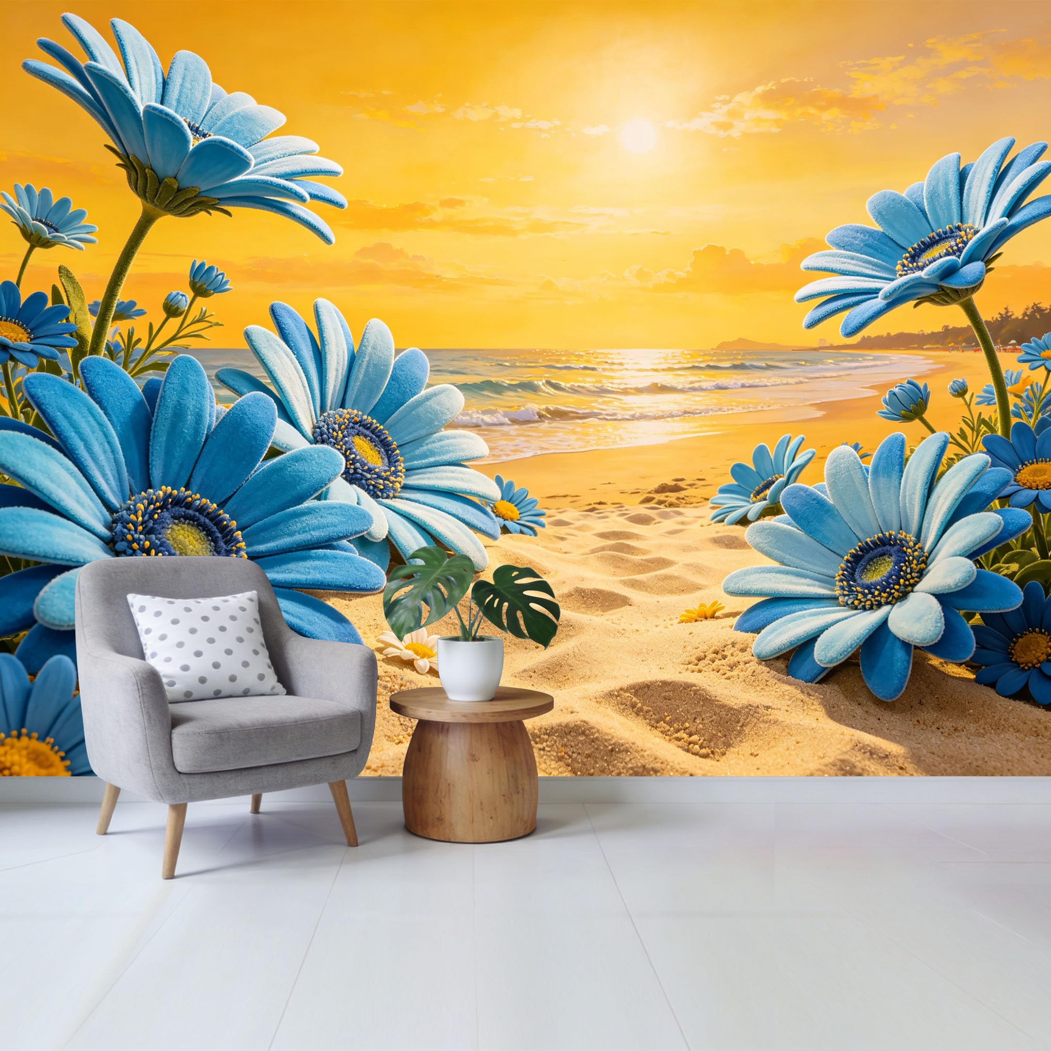 Qzlithotic Yq2605250982 Custom Size Wall Mural Blue Daisy Flowers Sunset Coastal Beach Tropical Landscape 3D Selfadhesive Wall Fabric Removable Wallpaper For Home Office Decor