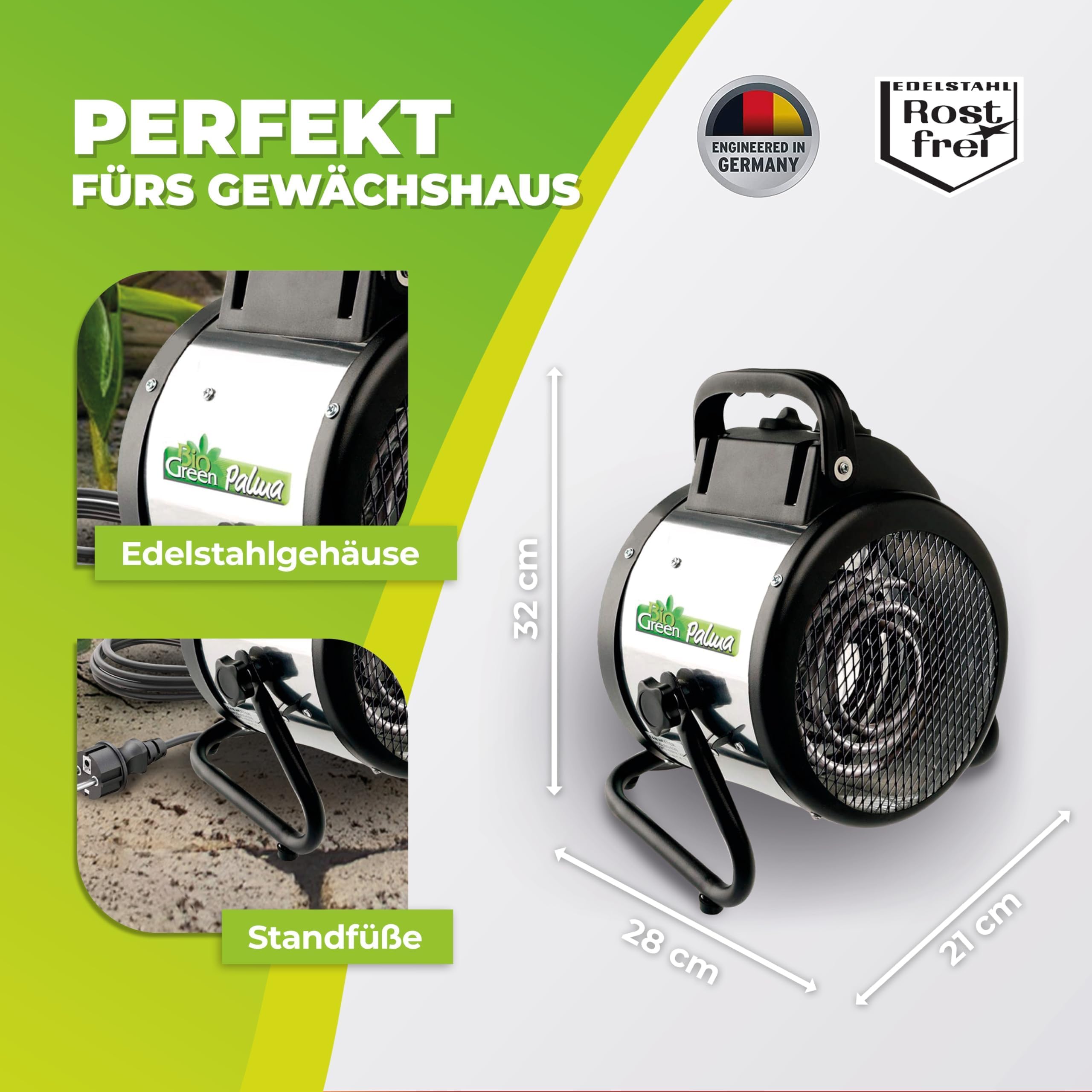 BioGreen Elektro-Gewächshausheizung Palma mit manuellem Thermostat | IPX4 spritzwassergeschützt, energiesparend | 163 m³/h Luftumwälzung | 2000 Watt