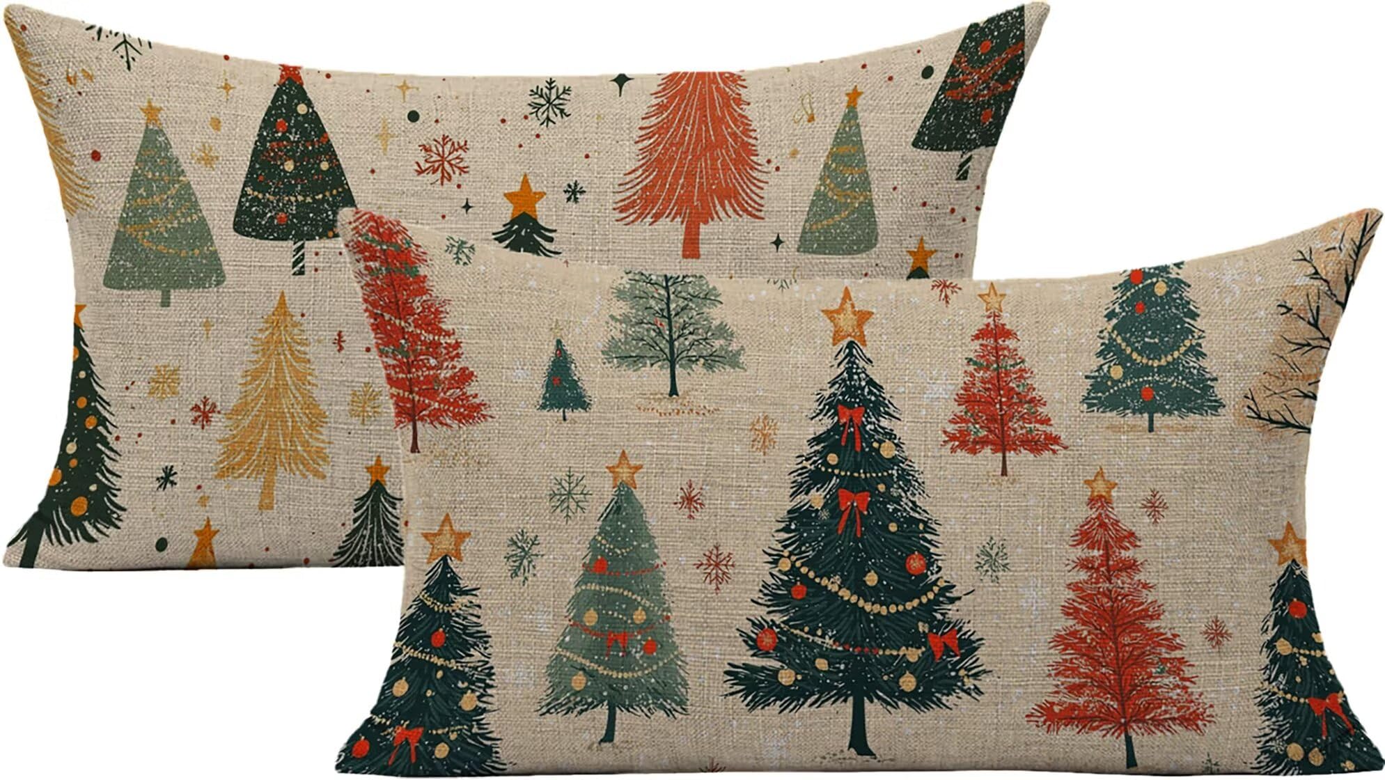 Housse coussin en lin imperméable 50x70cm Noël beige pour décoration canapé et salon de jardin