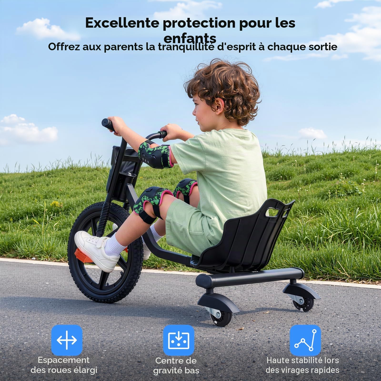 Drift Trike avec entraînement à pédale, Kart pouvant supporter jusqu'à 80 kg, trike pour adolescent, 4 vitesses, véhicule amusant avec construction stable à trois roues, véhicule glissant design