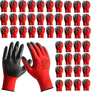 48 Pairs Gardening Gloves for Men Women Rubber Coated Breathable Large Garden Construction Gloves Men Safety Work Gloves, Black & Red