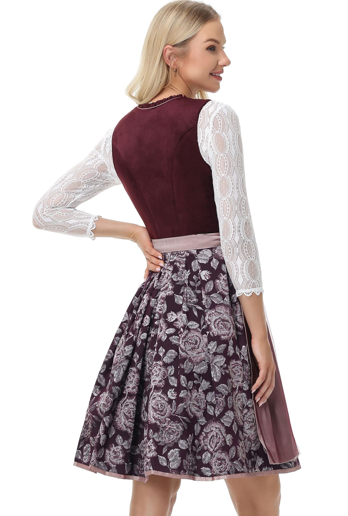 TrendiMax Damen Midi Dirndl - Elegante vestido tradicional tirolés de terciopelo para Oktoberfest con delantal tirolesa 34-46