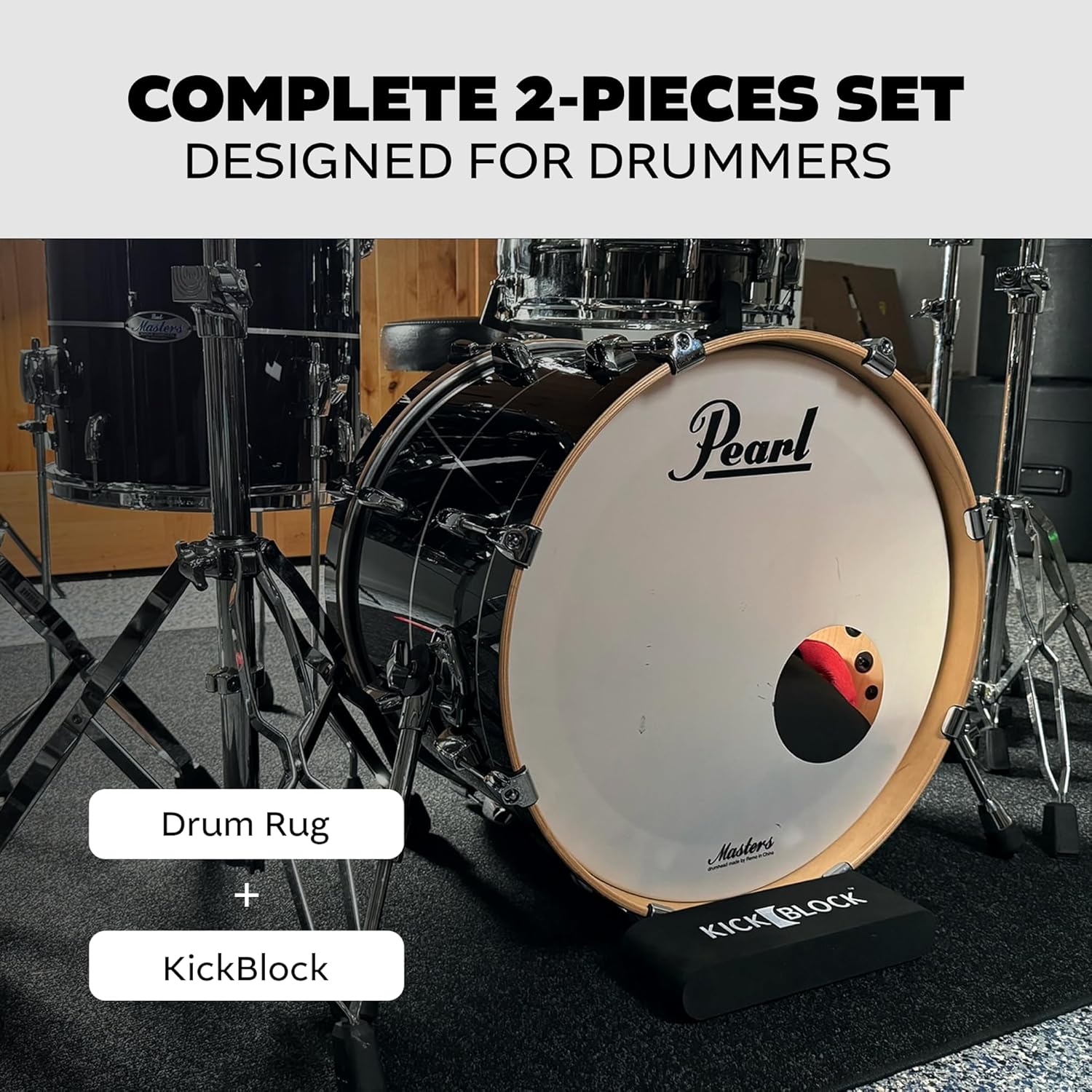 KickBlock Drum Set Bundle – Drum Rug 6'6" x 5'6" + Bass Drum Anchor – Stops Bass Drum Creep & Slide – Non-Slip Mat – Drummer Gift & Accessories (Stage Black)