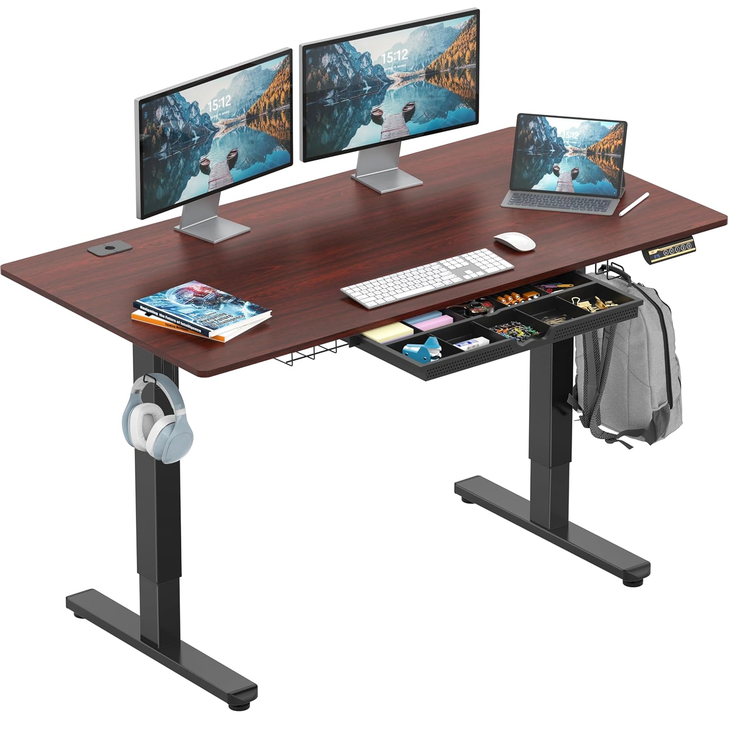 SHW 55 x 28 Inches Electric Height Adjustable Standing Desk with Drawer and Memory Preset Cherry