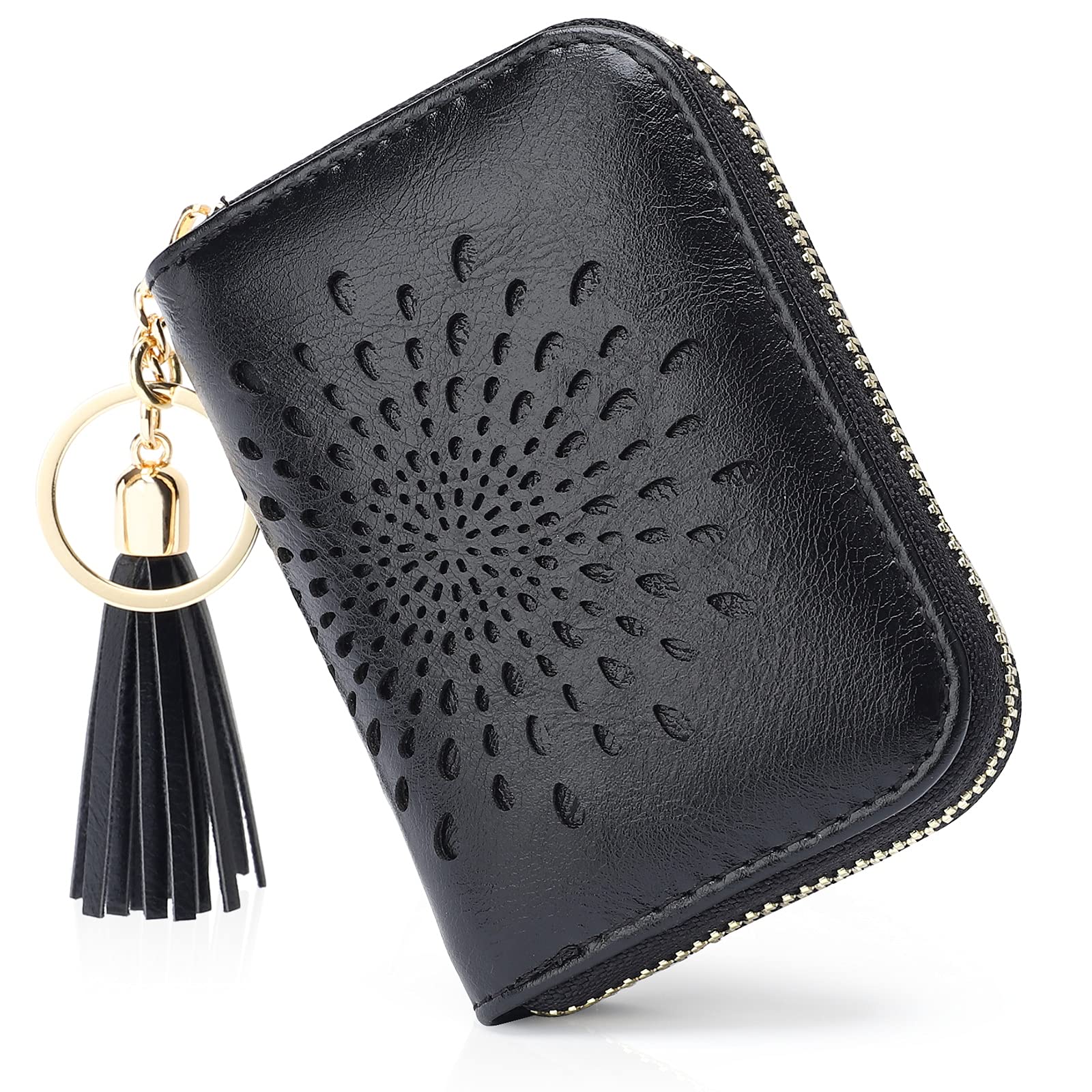 APHISON RFID Credit Card Holder Zipper Card Case Keychain Small Wallet for Women 1927 BLACK