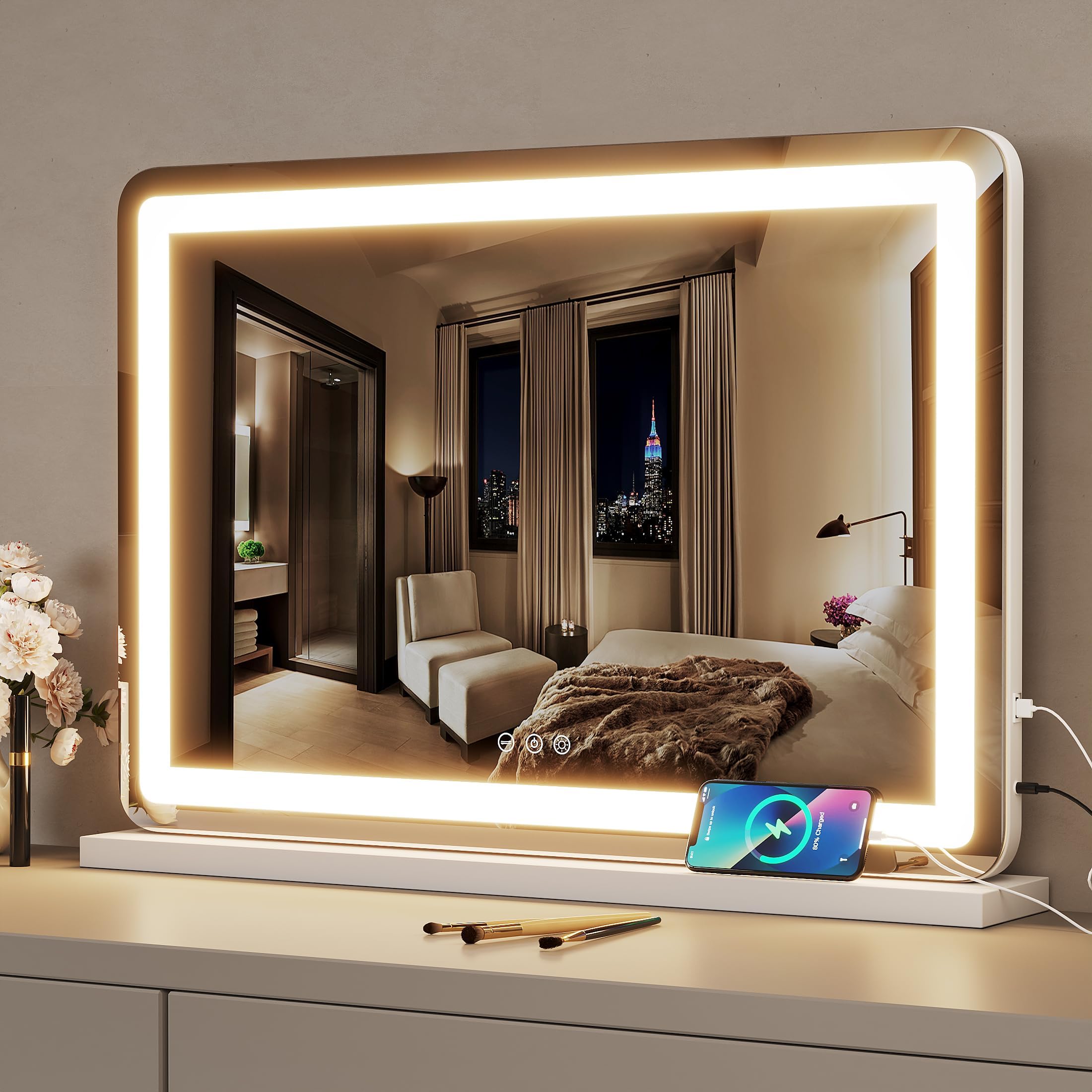 ZL ZELing Vanity Mirror with Lights, 32" x 23", LED Makeup Mirror, Dimmable 3-Color Lighting, 5X Magnification, Touch Screen Control, Wall-Mountable and Tabletop Design