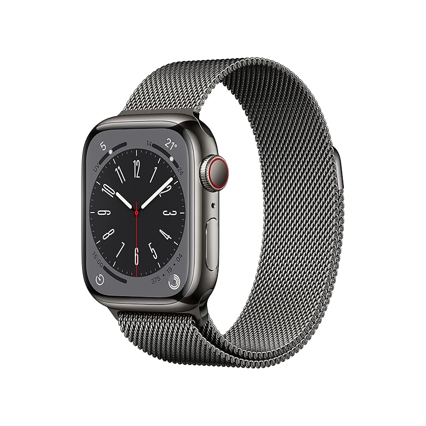 Immagine del prodotto Apple Watch Series 8 (GPS + Cellular, 41mm) Smartwatch con cassa in acciaio inossidabile color grafite con Loop in maglia milanese color grafite. Fitness tracker, app Livelli O₂, resistente all’acqua