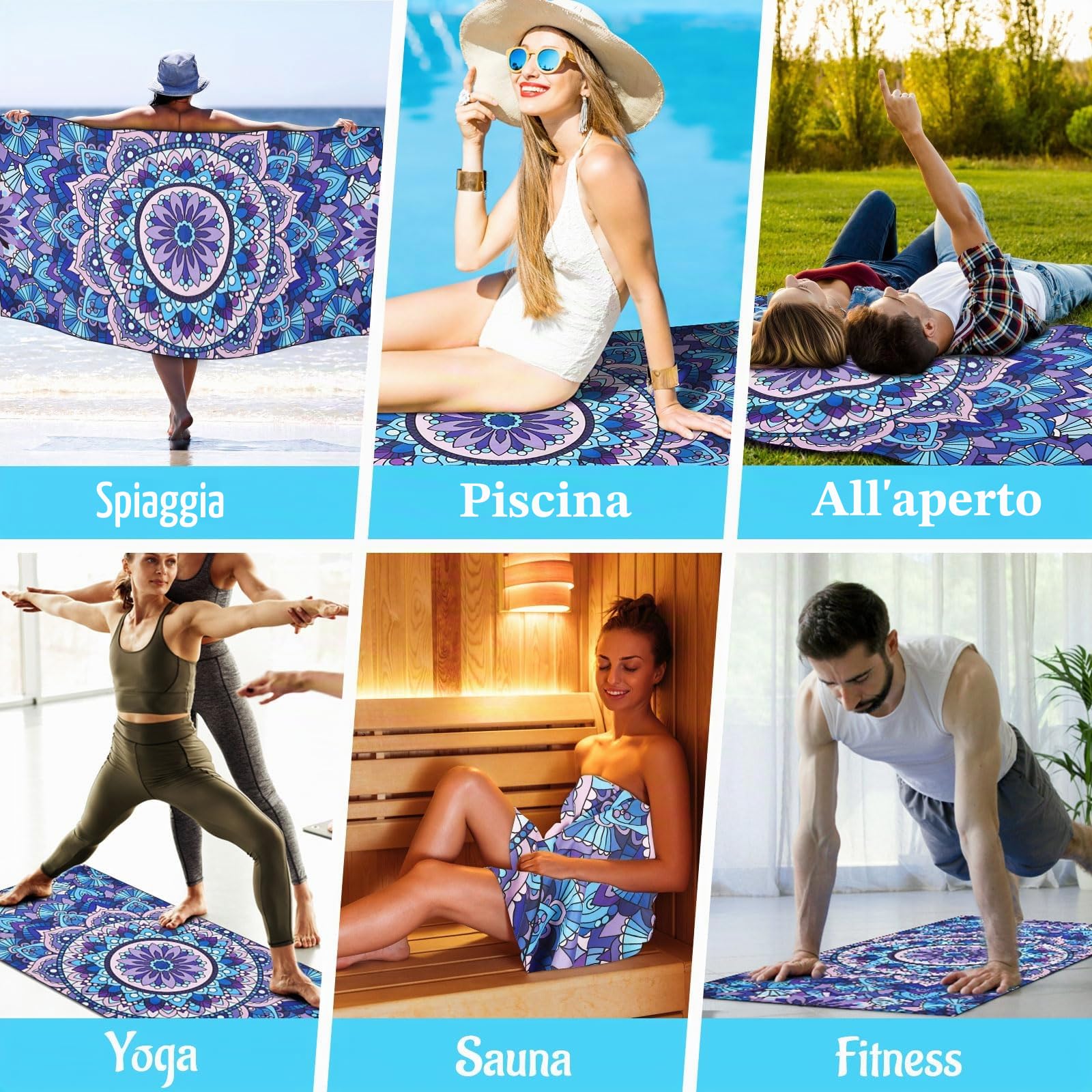 KUOGAS Telo Mare xxl set da 2-90 X 180 cm, Telo Mare Grande in Microfibra ad Asciugatura Rapida, Telo da Bagno Senza Sabbia, Coperta da Spiaggia da Donna (Tartaruga + mandala)