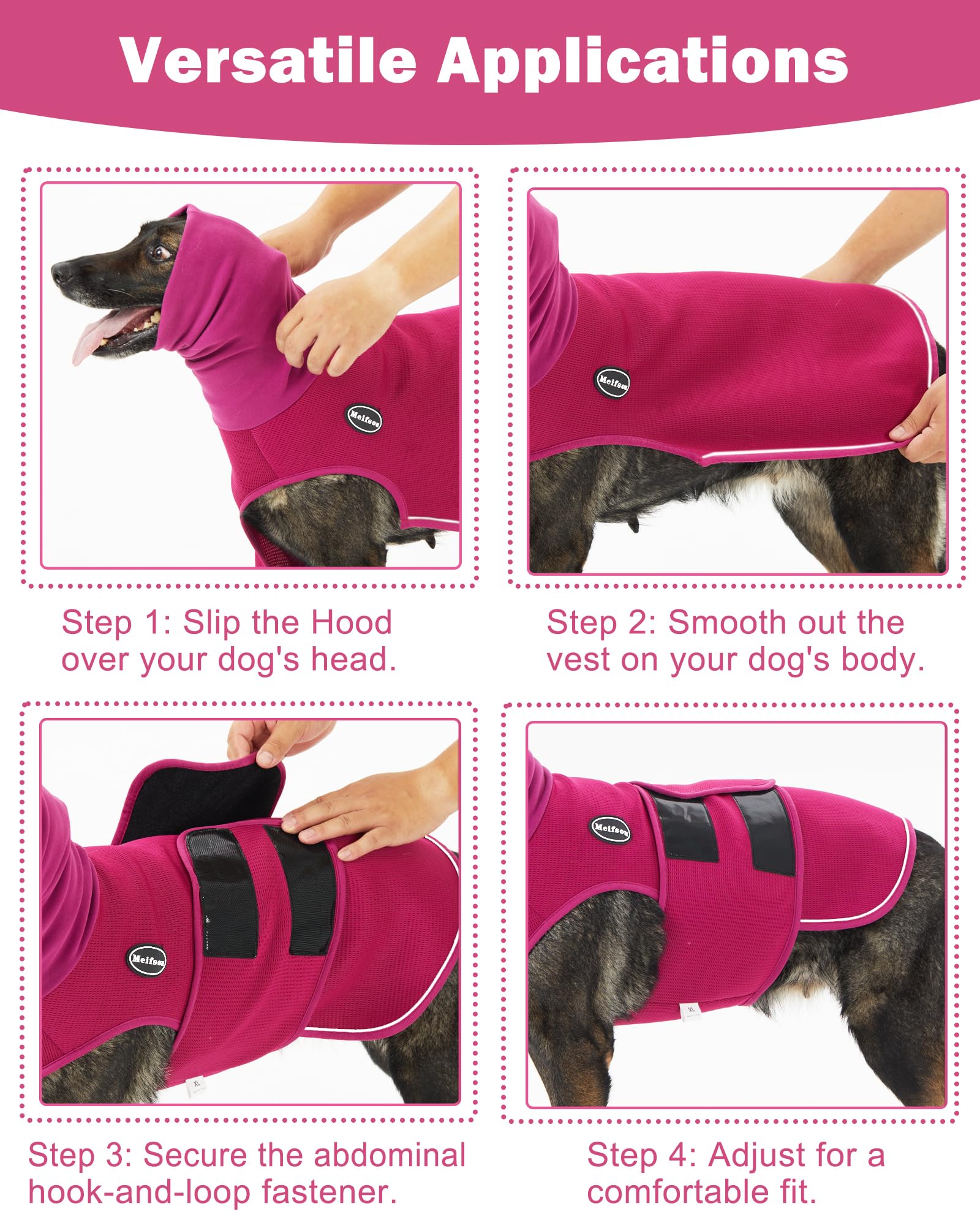Meifsou Chaleco de ansiedad para perros con capucha, chaqueta de trueno respetuosa con la piel para perros, camisa calmante 2 en 1 con capucha para truenos, fuegos artificiales, separación, mantén a