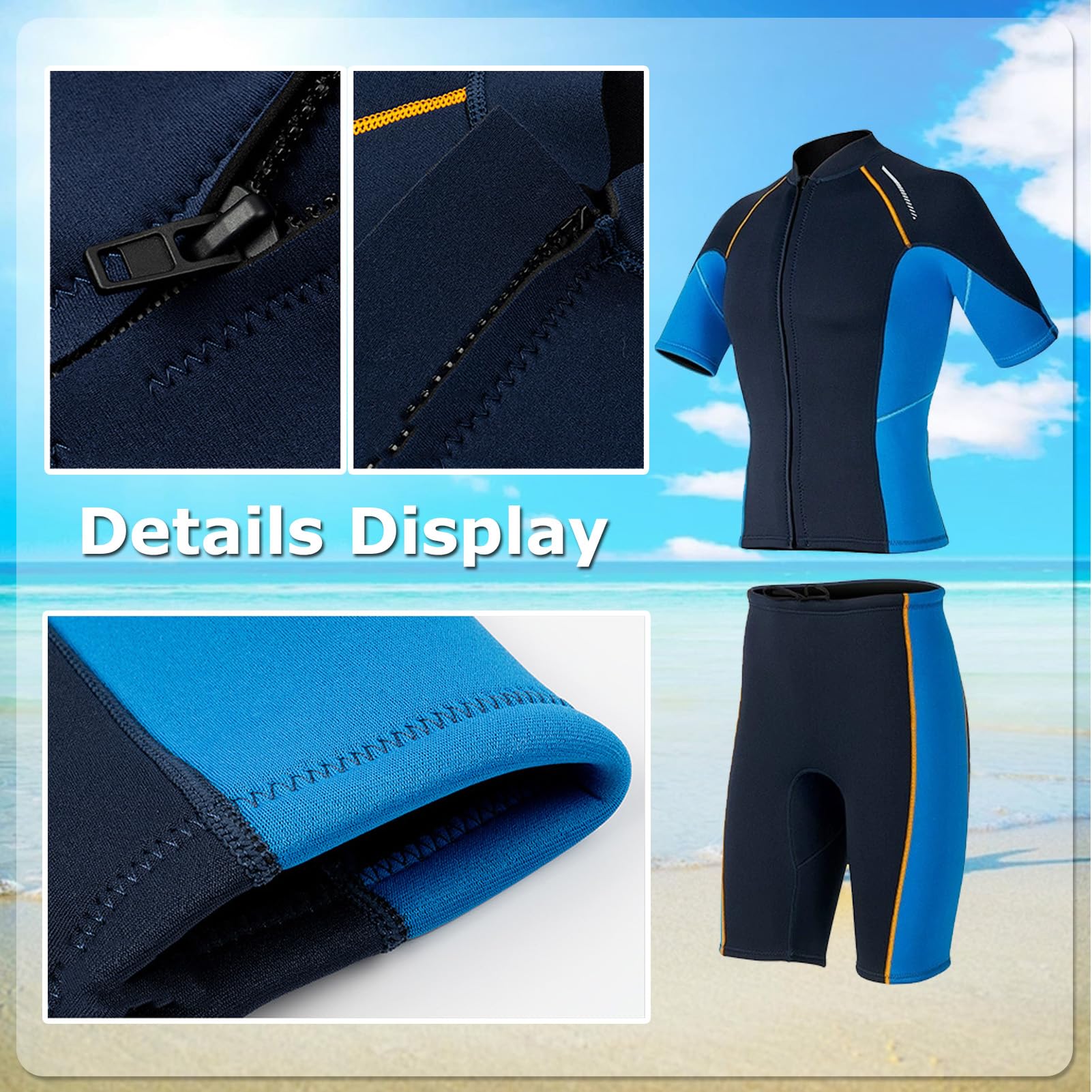TOVCHEI 1.5MM Wetsuit for Men, Neoprene Quick-Drying Diving Suit Short-Sleeved Shorts Anti-UV for Water Sports Swimming Beach,Blue Pants,3XL