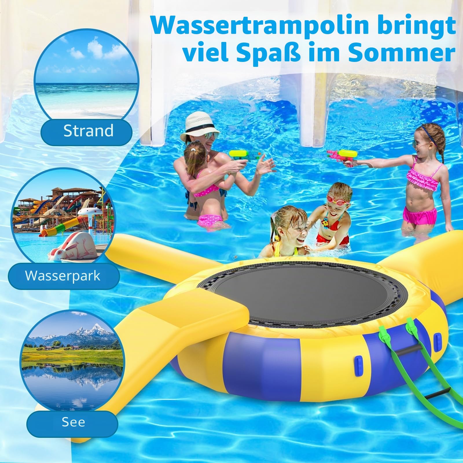 Aufblasbares Wassertrampolin mit Rutsche, 4,9 m Sprungplattform, perfekt für Seen, inklusive aufblasbarem Schlauch und Sprungmatte