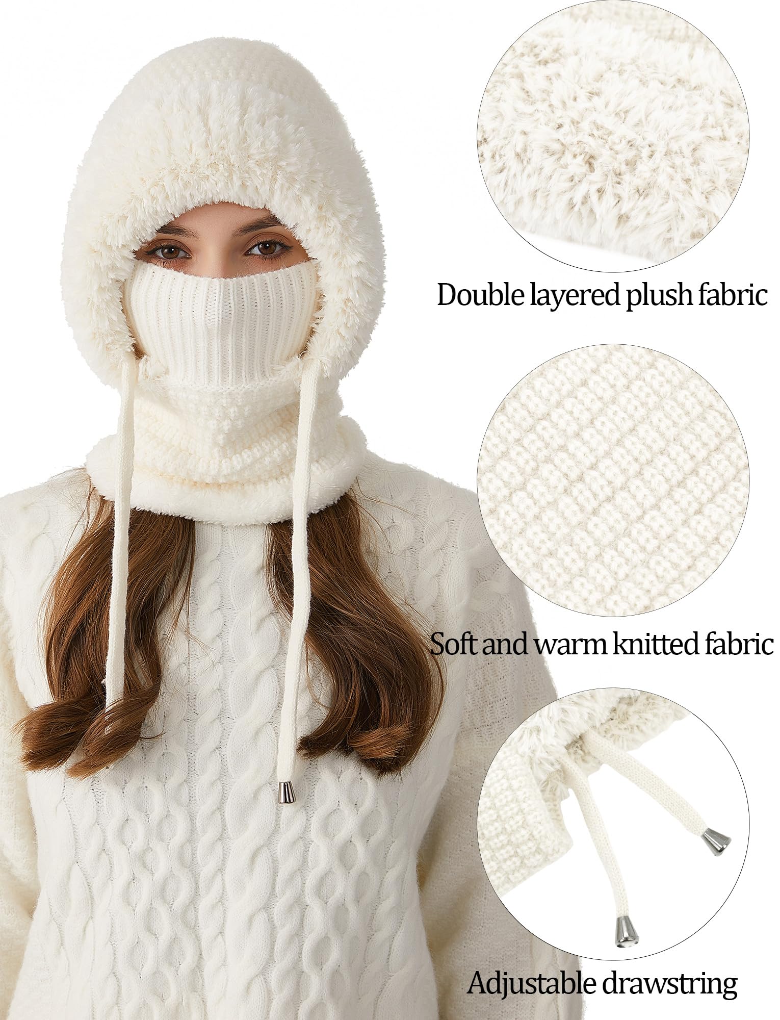 FEOYA Passamontagna termico lavorato a maglia in pile maschera da sci morbido e caldo cappello invernale con copertura per collo e viso antivento scaldacollo 3 in 1 cappello con cappuccio completo per