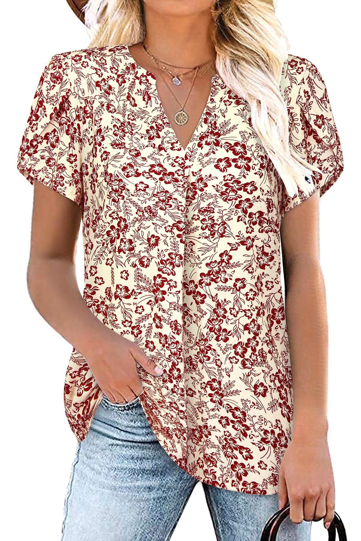 Siddhe Damen Bluse Kurzarm T-Shirts V-Ausschnitt Elegant Lässig Tunika Oberteil Locker Sommer Longshirt