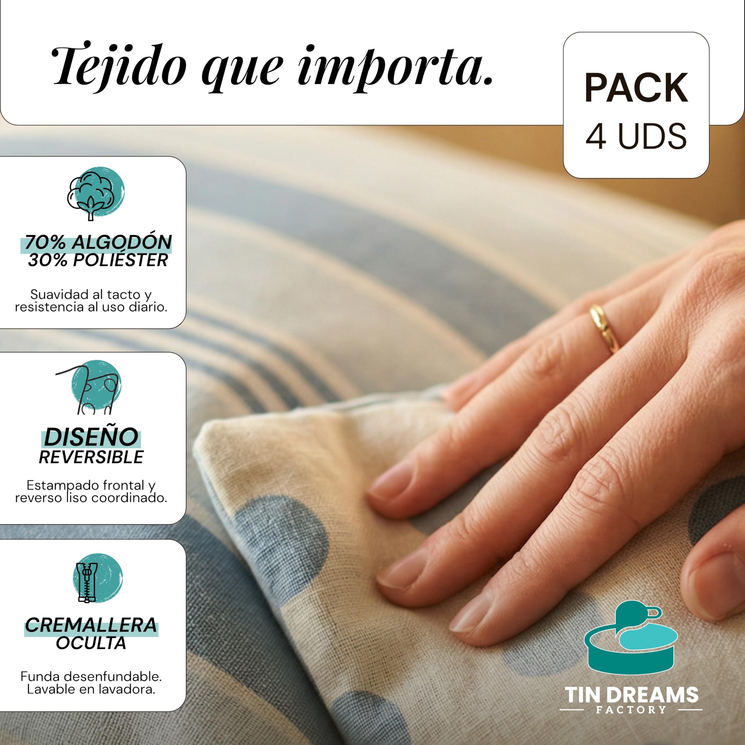 Pack de 4 Fundas de Cojín 45x45 cm Tonos Azul Suave – Desenfundables y Lavables – Almohadones Modernos – Hechas en España – Decoración Hogar, Cama, Sofá, Sillón
