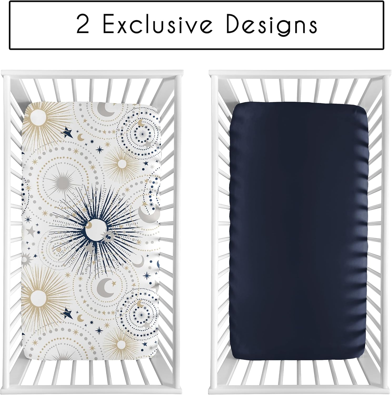 Sweet Jojo Designs 2-Piece Baby Crib Sheets Set (Star and Moon) for Boys, Infant Nursery, Toddler Room - Fitted, Standard Size (Solid Navy Blue & Celestial, Sky, Stars, Outerspace, Moons and Stars)