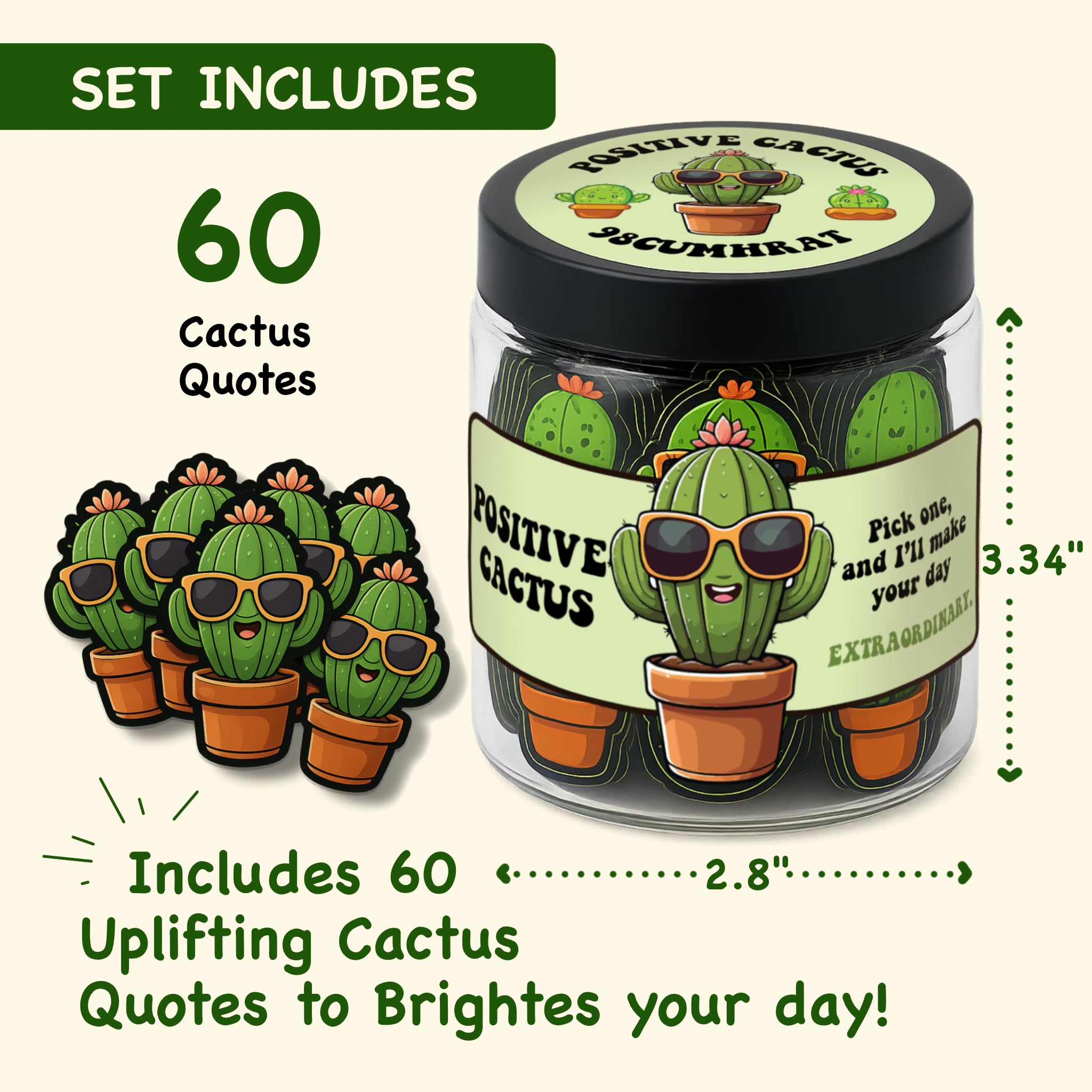 60 Positive Cactus Cards, Succulent, Positive Pickle Gifts for Women, Funny Pickle Gifts, Valentines Cards, Christmas Female - Birthday (Positive Cactus)