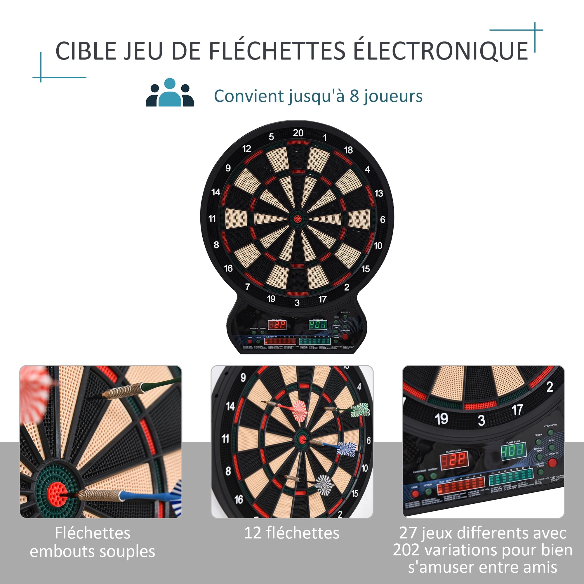 HOMCOM Target - Set di freccette elettroniche con 27 giochi principali fino a 8 giocatori LED Display Nero