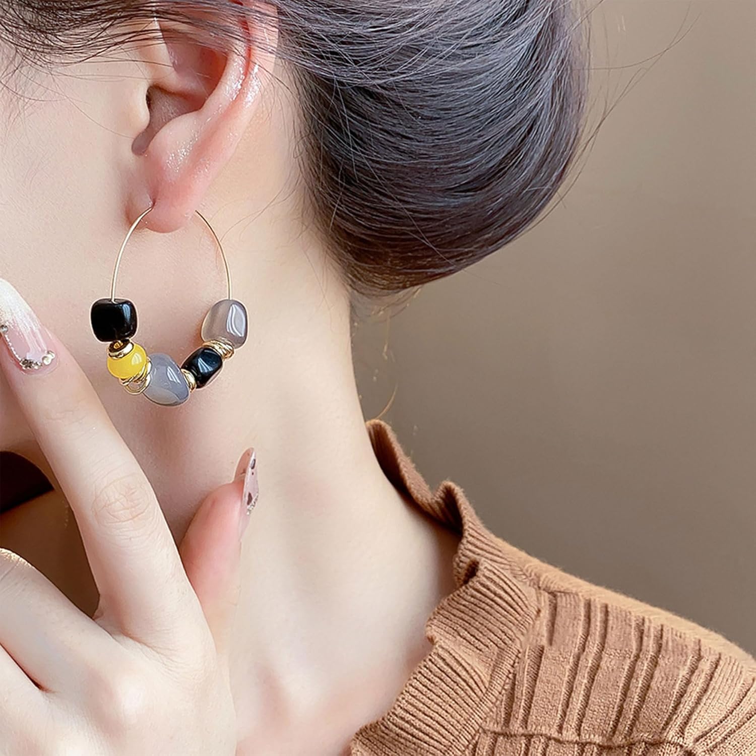 Cute Irregular Agate Beaded Hoop Earrings Boho Earrings Hypoallergenic Vintage Jewerly for Women - Image 2