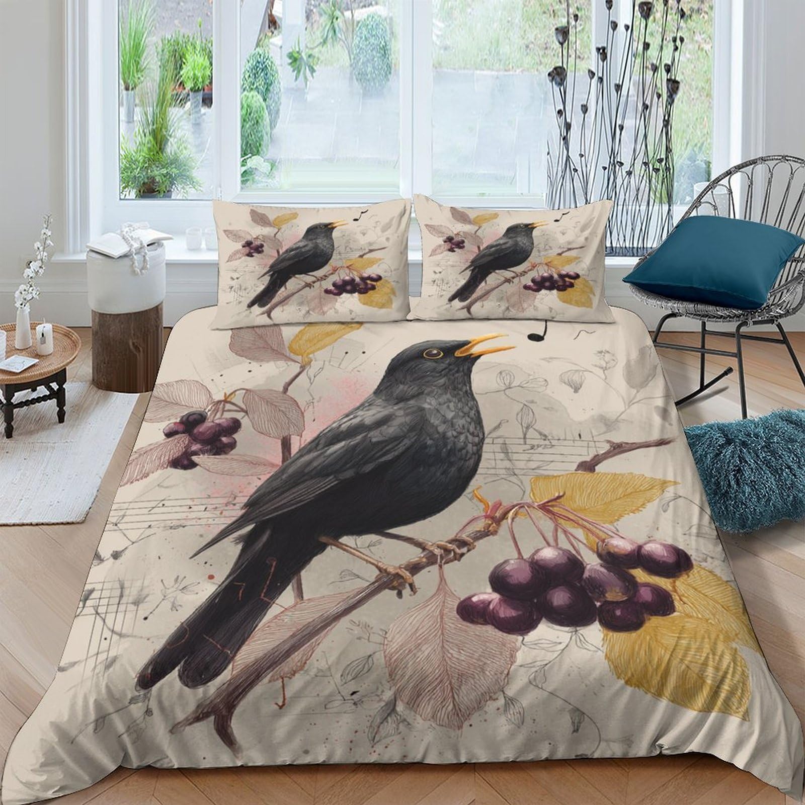 Ctjqhvkz Style-5 3D Printed Black Bird Fitted Sheet Microfiber Soft Breathable Berry Branch Bed Cover For Bedroom Guestroom Decor Single（135X200cm）