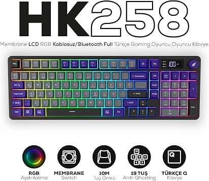Hawk Gaming HK258 Membrane LCD RGB Kablosuz/Bluetooth Siyah Turuncu Full Türkçe Gaming Klavye (Gri Mor)