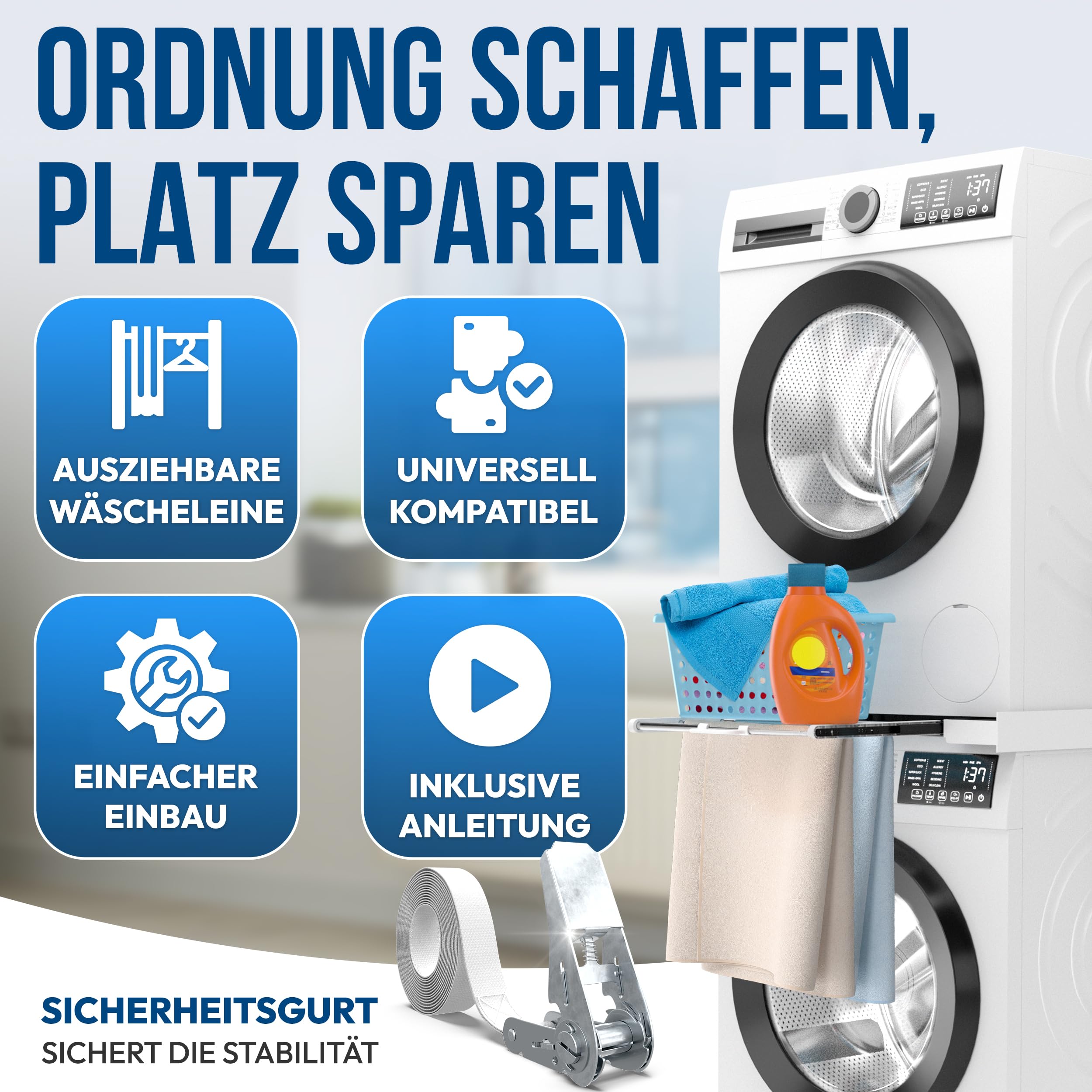 Zwischenbaurahmen mit Wäscheleine, verbindungsrahmen waschmaschine trockner universal - Einstellbare Größe -Verbindungsrahmen Zwischenbausatz mit ausziehbarer Handtuchhalter