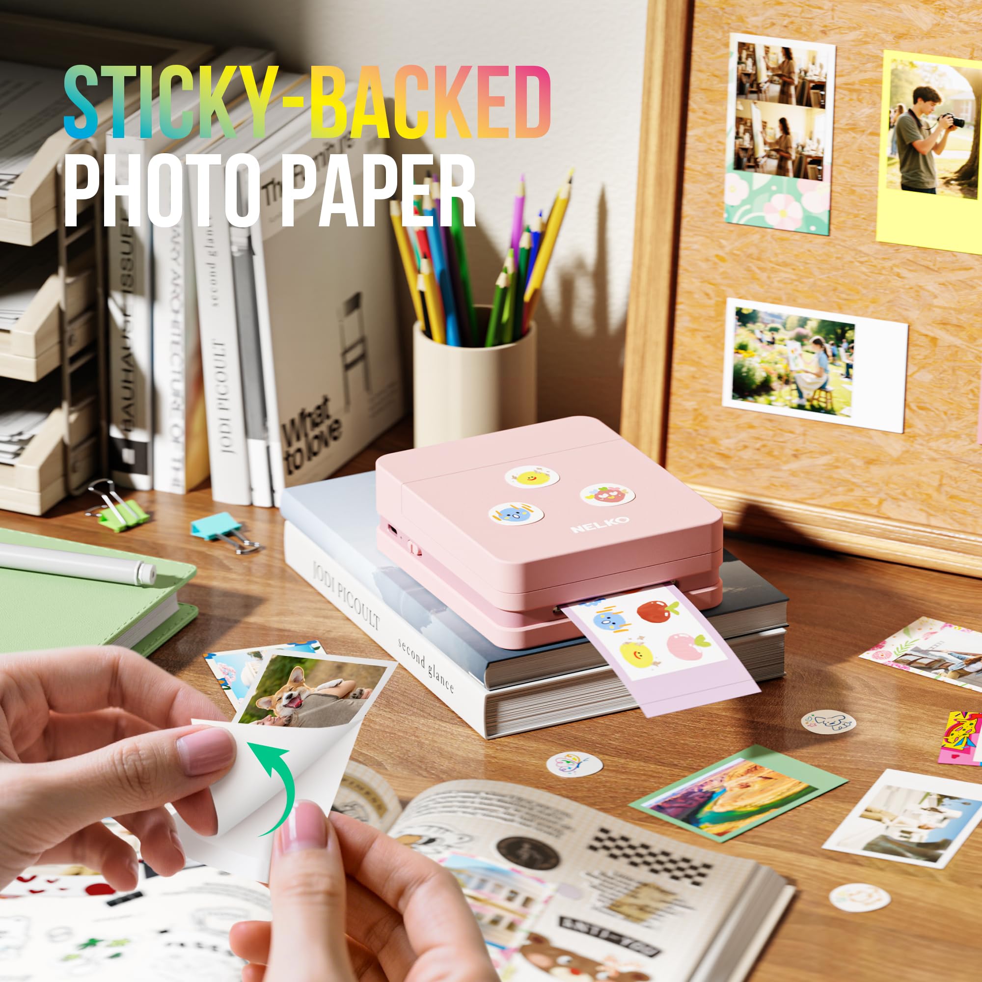 Nelko Photo Printer, PP01 Color Portable Mini Photo Printer, Instant Smartphone Inkjet Sticker Printer, Sticky-Back Photos, for iOS & Android, Fun Editing Smart AI APP, Pink — view 8